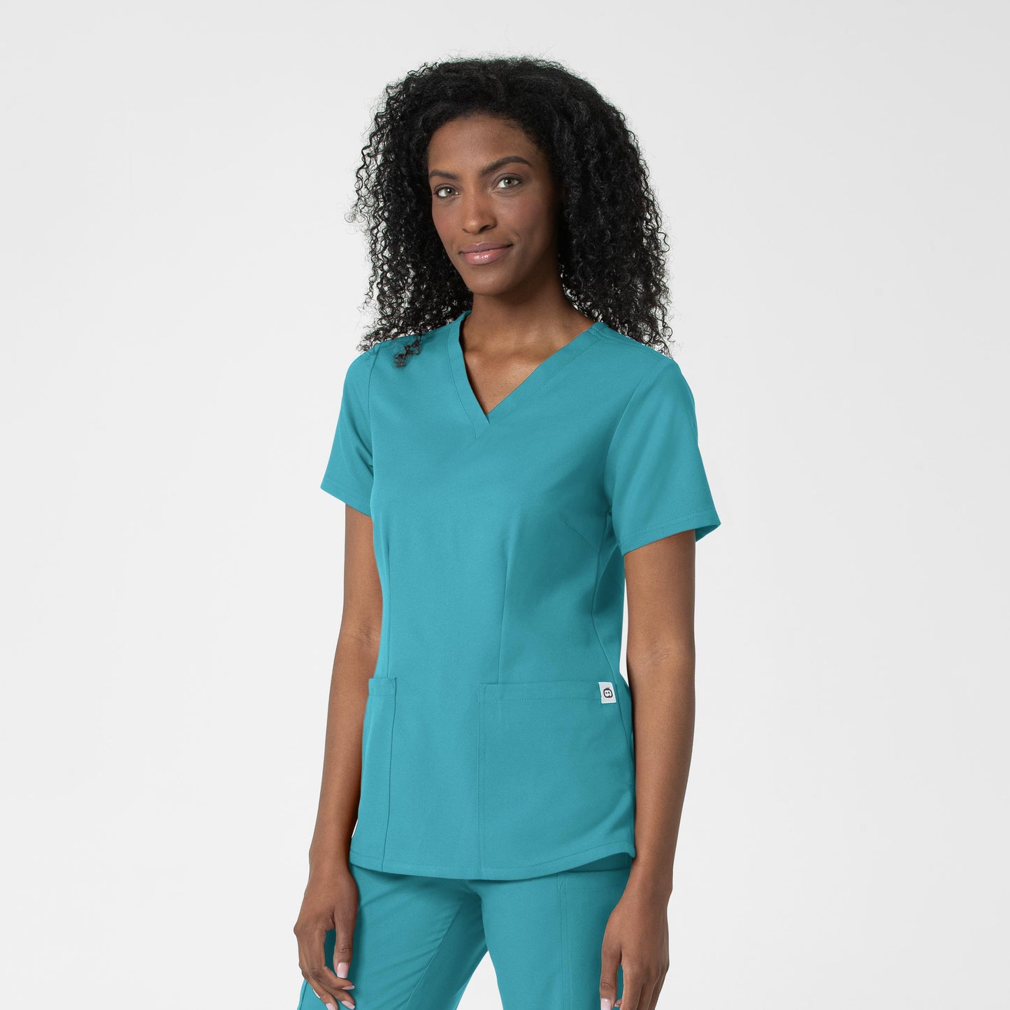 Thrive 6122 Fitted 3-Pocket V-Neck Scrub Top Teal Blue Model Image Right Side | Wink