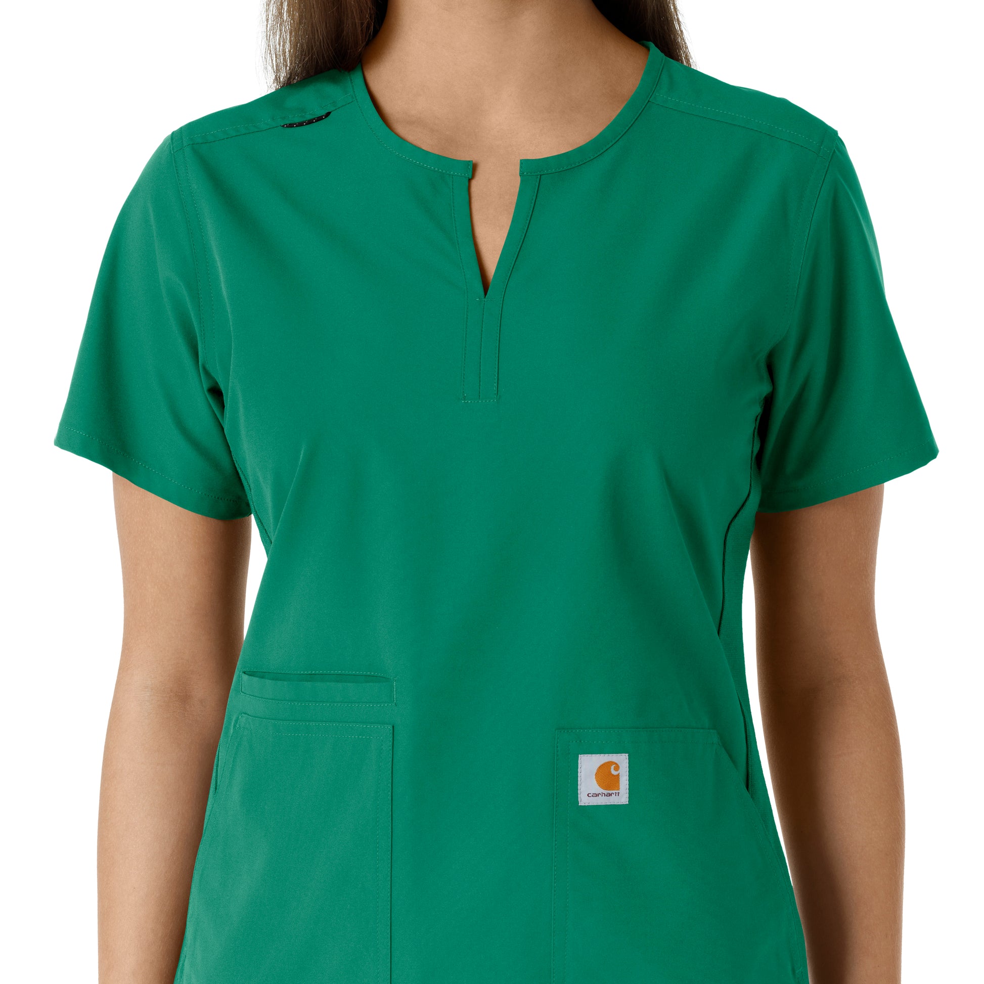 Force Essentials C12413 Notch Neck Tunic Knit Panel Scrub Top Hunter Model Image Left Side | Carhartt