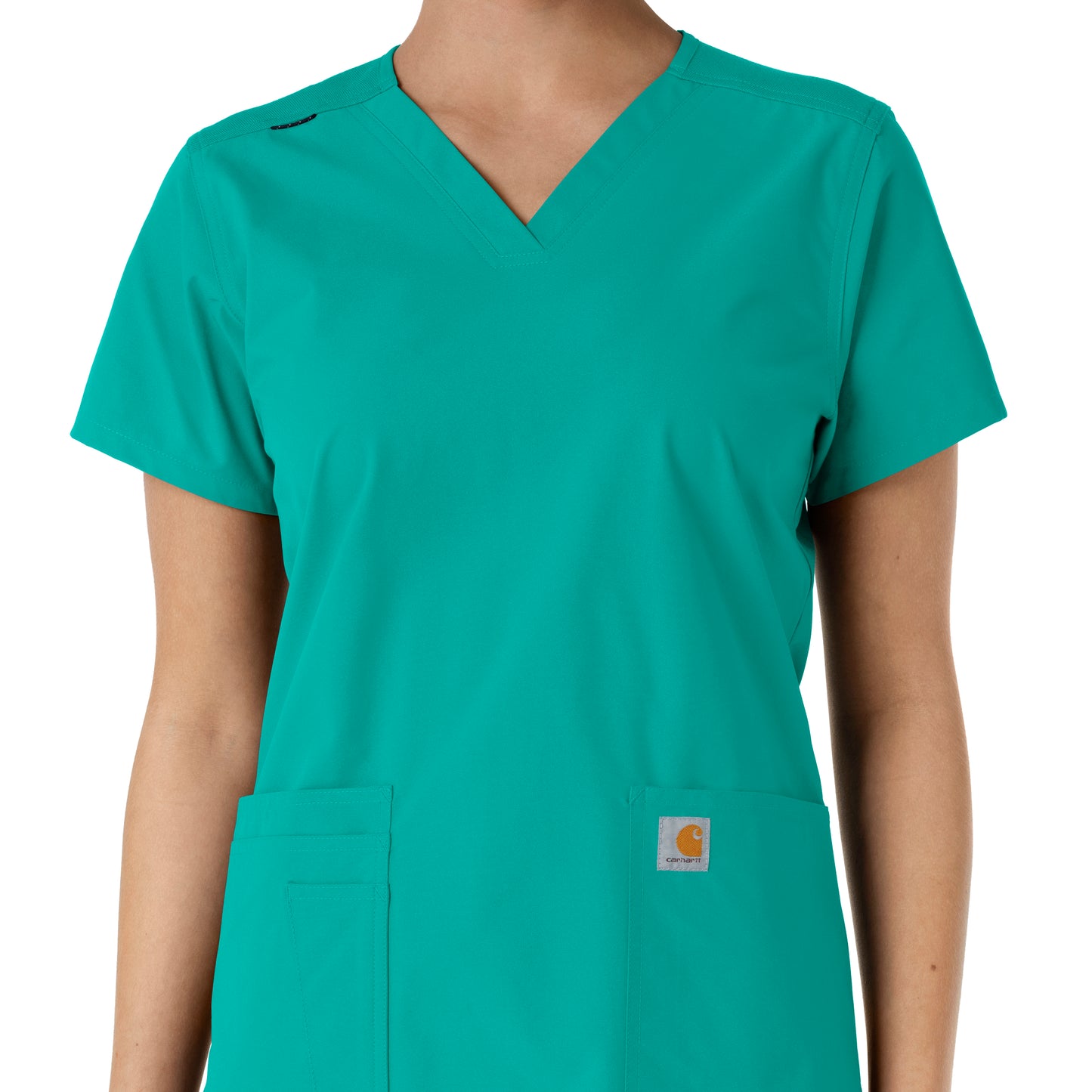 Force Essentials C12313 V-Neck Knit Panel Scrub Top Teal Model Image Alternate | Carhartt