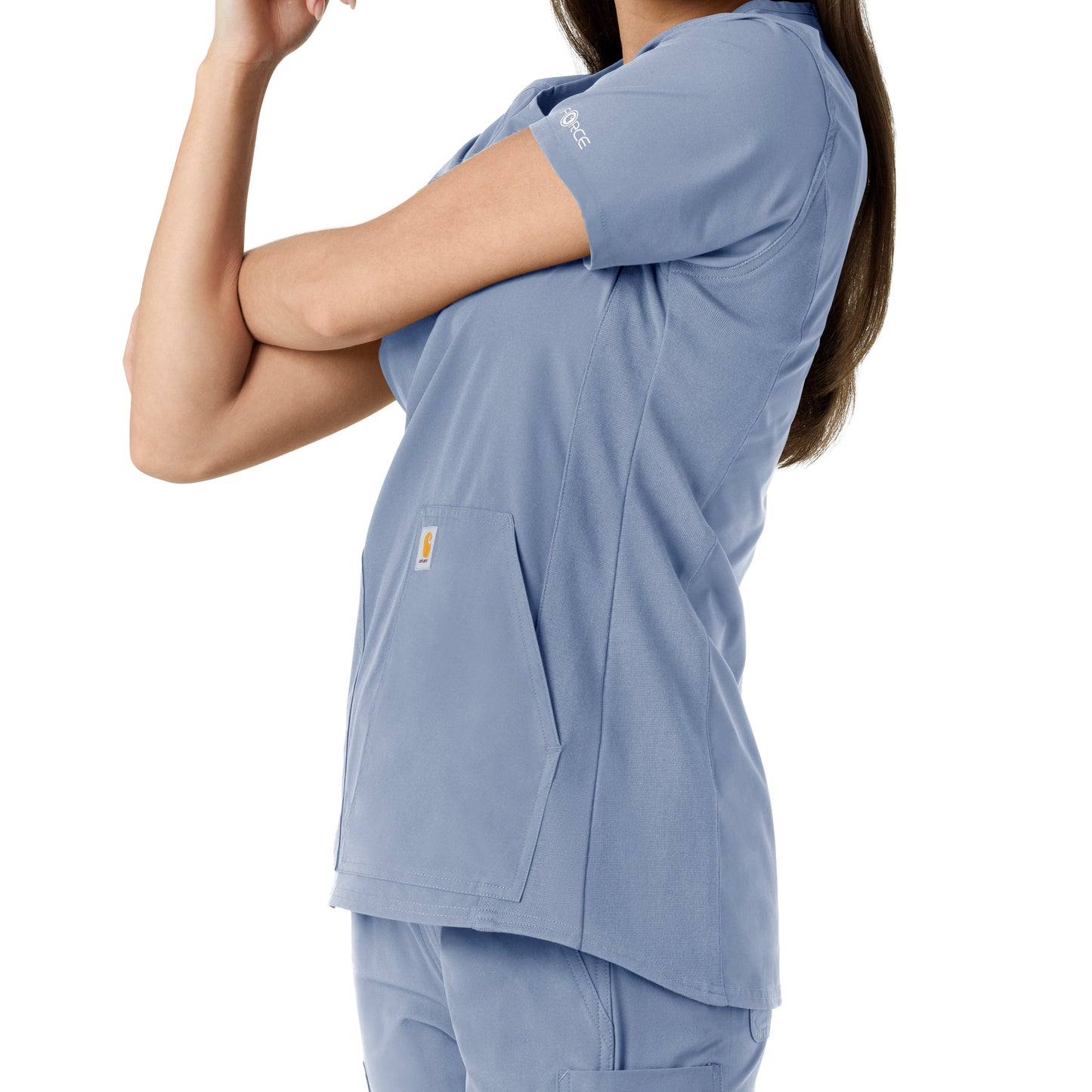 Force Essentials C12413 Notch Neck Tunic Knit Panel Scrub Top Ceil Blue Model Image Alternate | Carhartt