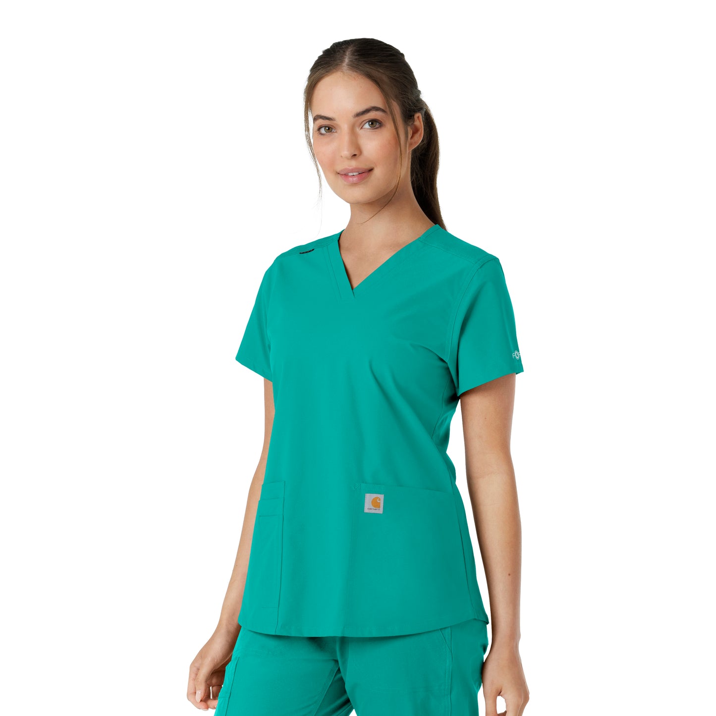 Force Essentials C12313 V-Neck Knit Panel Scrub Top Teal Model Image Right Side | Carhartt