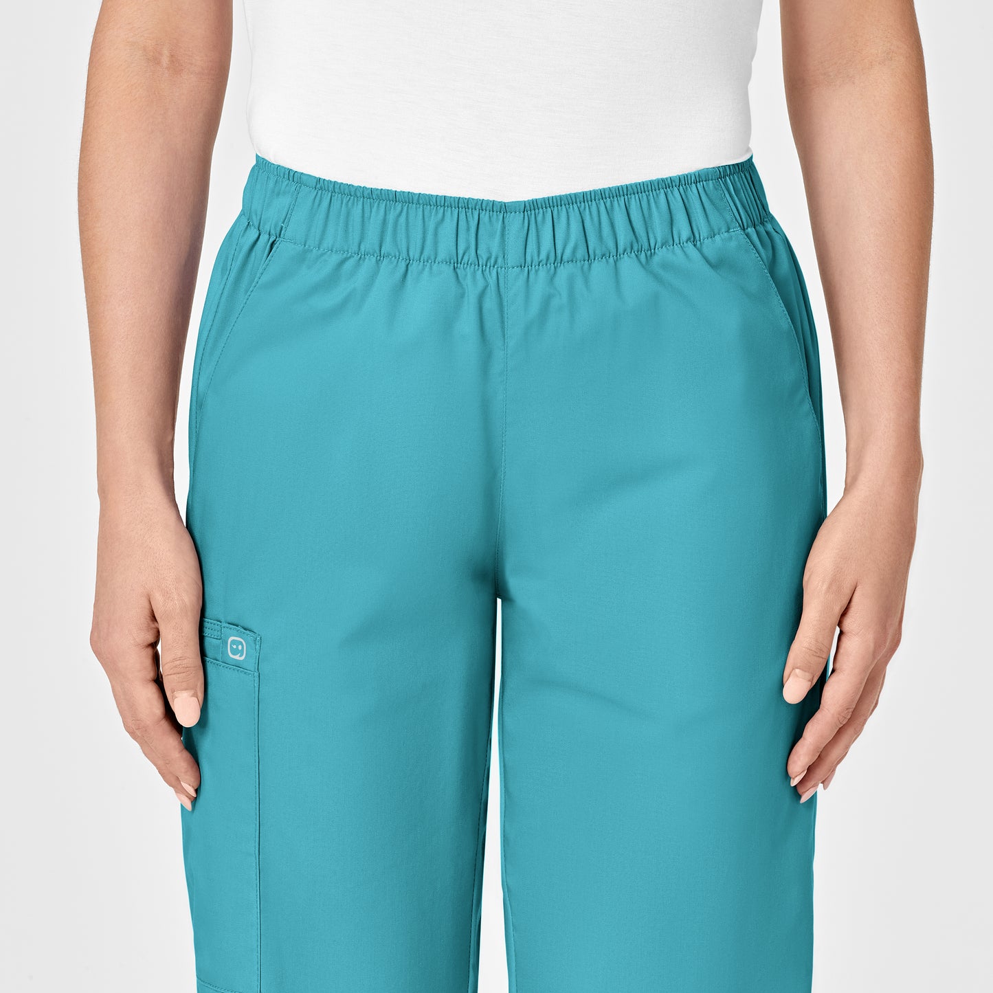 WonderWORK 501 Pull-On Cargo Scrub Pants Teal Blue Model Image Left Side | Wink