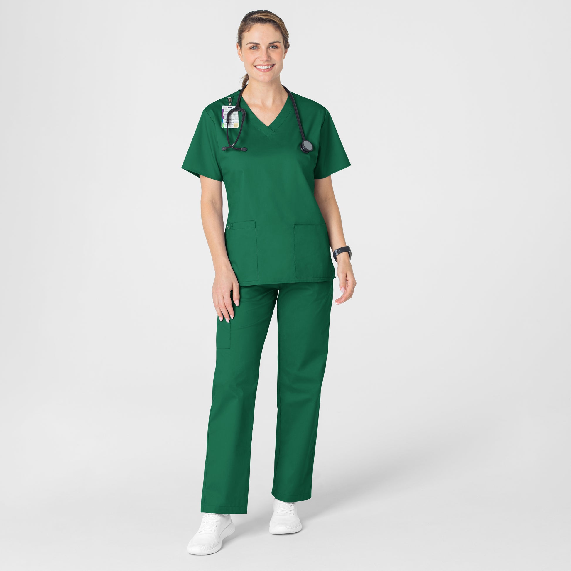 WonderWORK 101 V-Neck Scrub Top Hunter Model Image Alternate | Wink