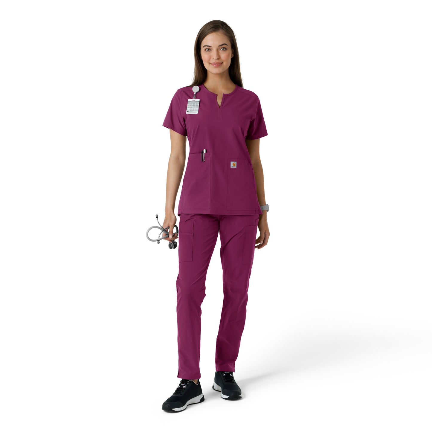 Force Essentials C12413 Notch Neck Tunic Knit Panel Scrub Top Wine Model Image Front | Carhartt