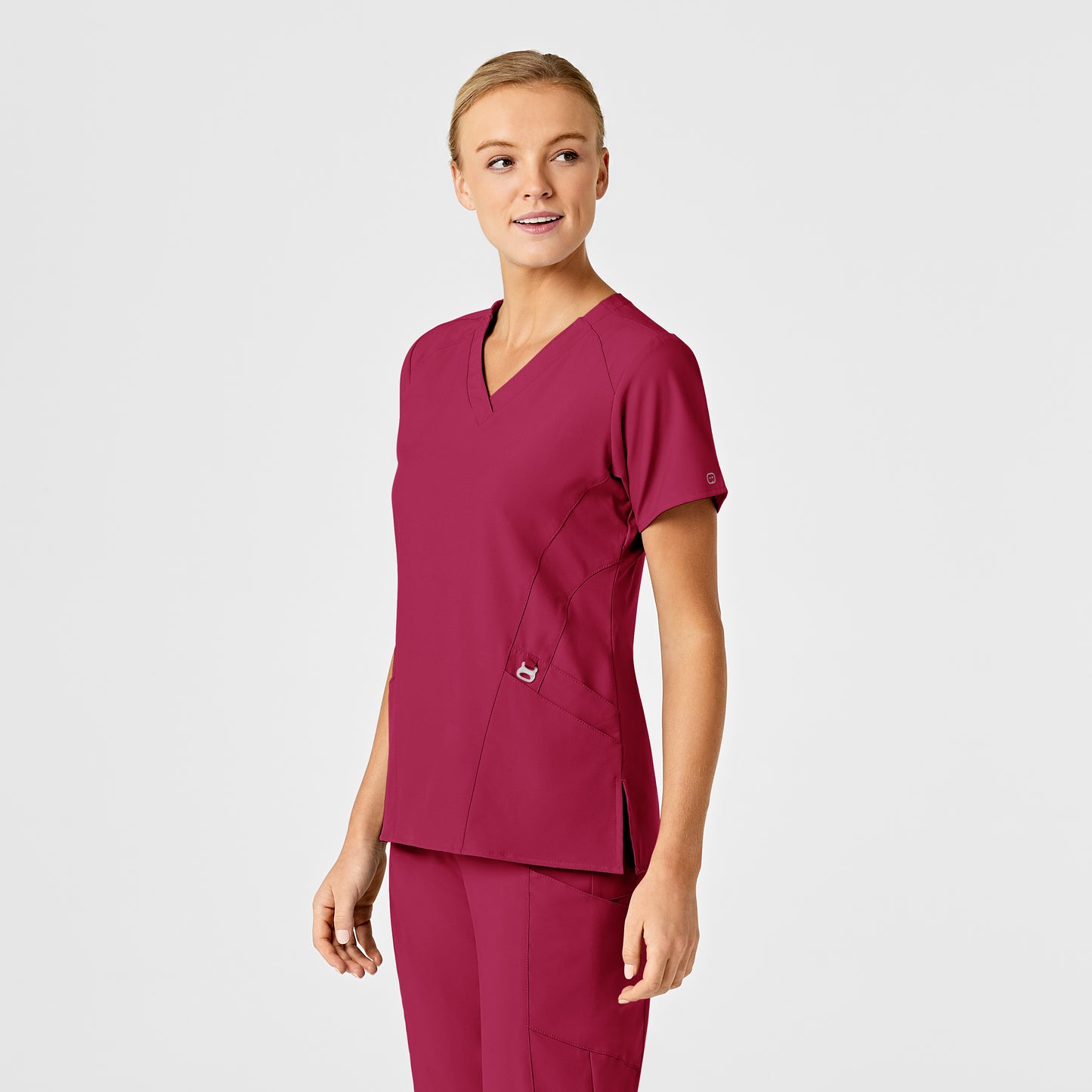 W123 6155 Stylized V-Neck Scrub Top Viva Magenta Model Image Left Side | Wink