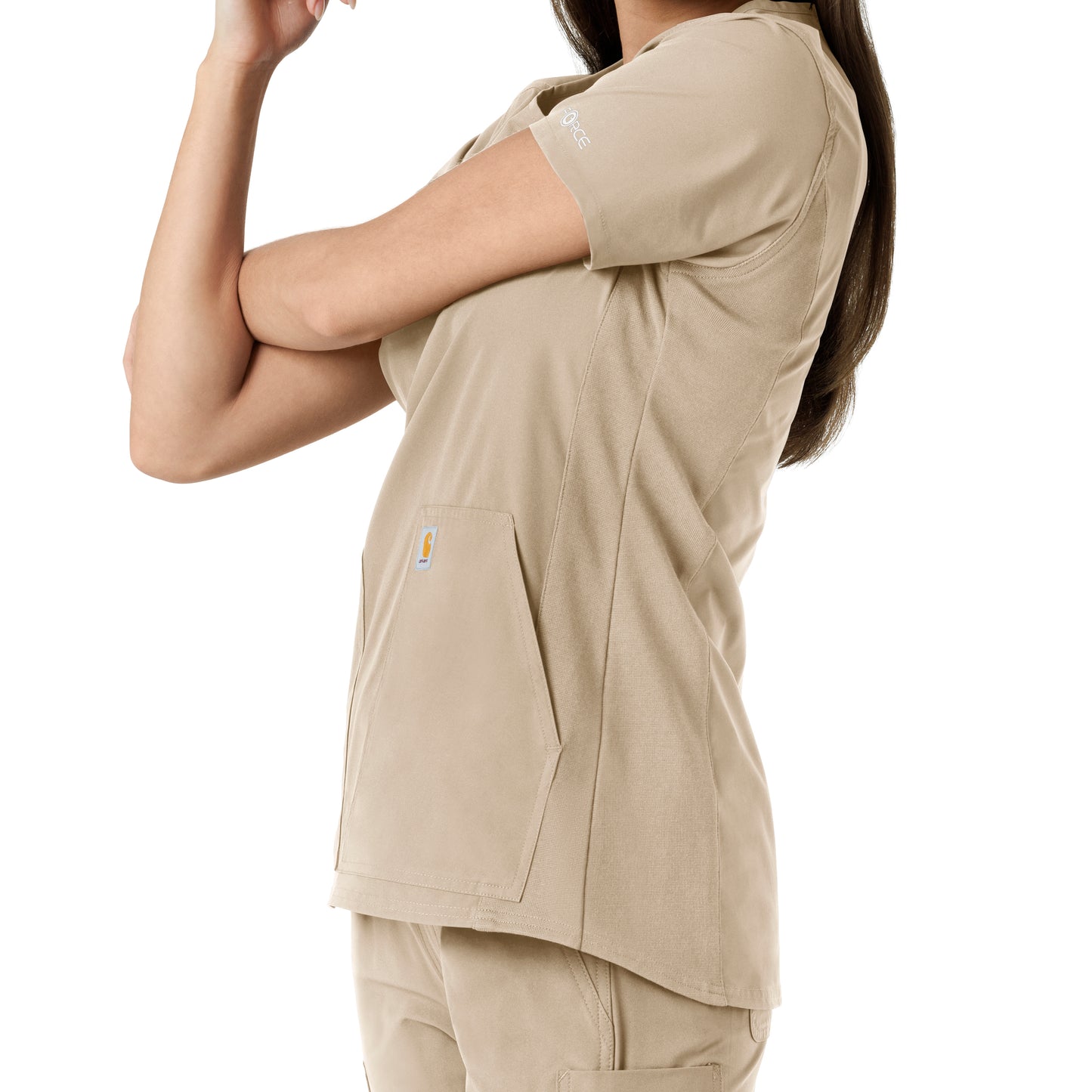 Force Essentials C12413 Notch Neck Tunic Knit Panel Scrub Top Khaki Model Image Alternate | Carhartt