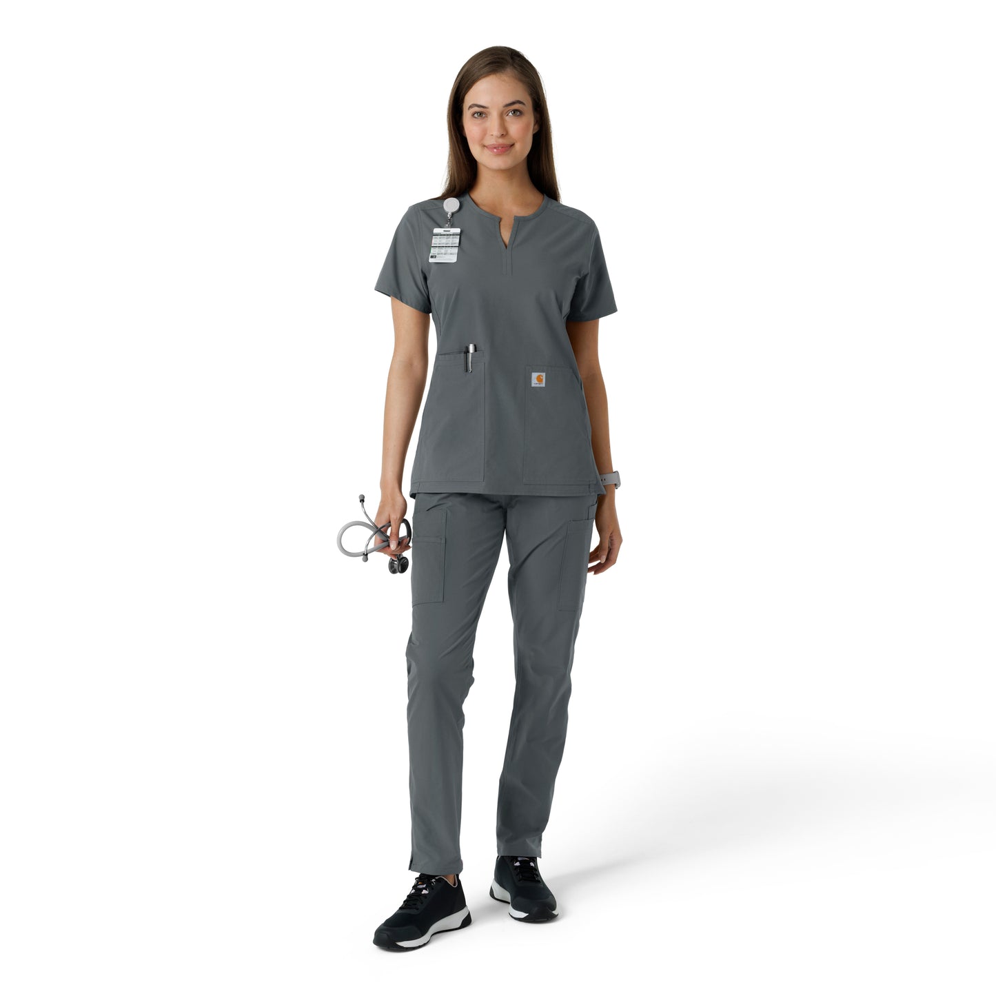 Force Essentials C12413 Notch Neck Tunic Knit Panel Scrub Top Pewter Model Image Right Side | Carhartt