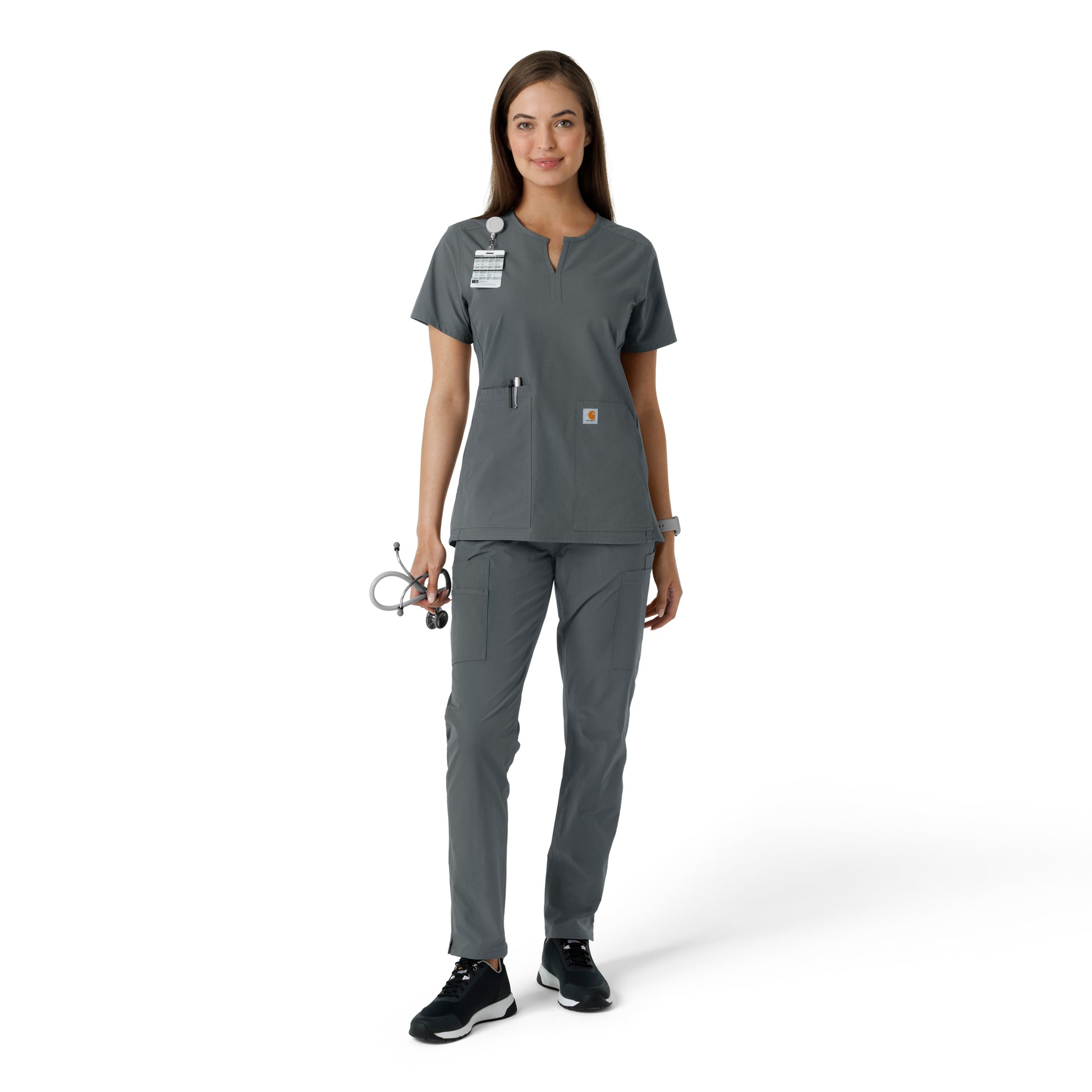 Force Essentials C12413 Notch Neck Tunic Knit Panel Scrub Top Pewter Model Image Front | Carhartt