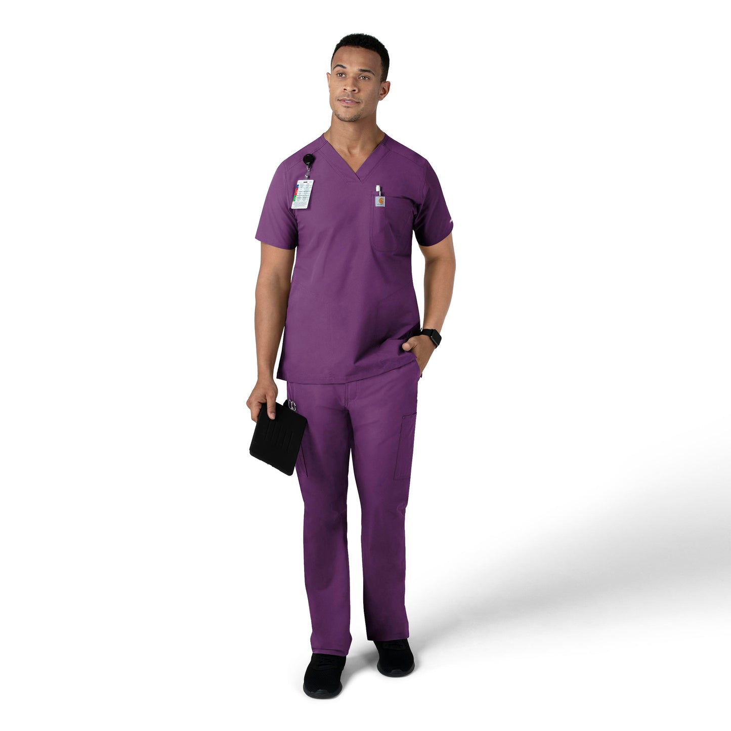 Force Essentials C16113 Men's V-Neck Shirttail Scrub Top Eggplant Model Image Right Side | Carhartt