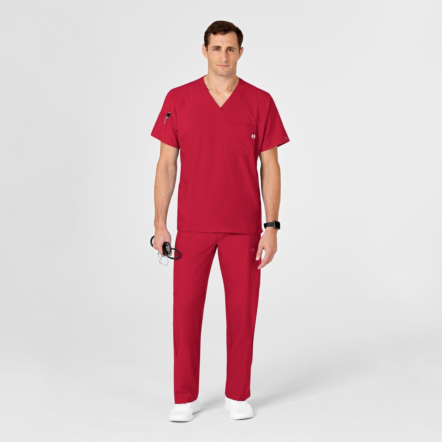 W123 6355 Men's V-Neck Scrub Top Red Model Image Right Side | Wink