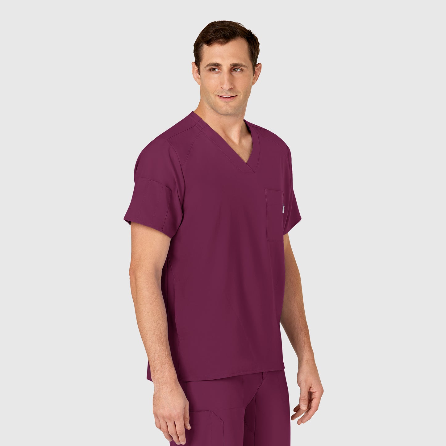 W123 6355 Men's V-Neck Scrub Top Wine Model Image Right Side | Wink