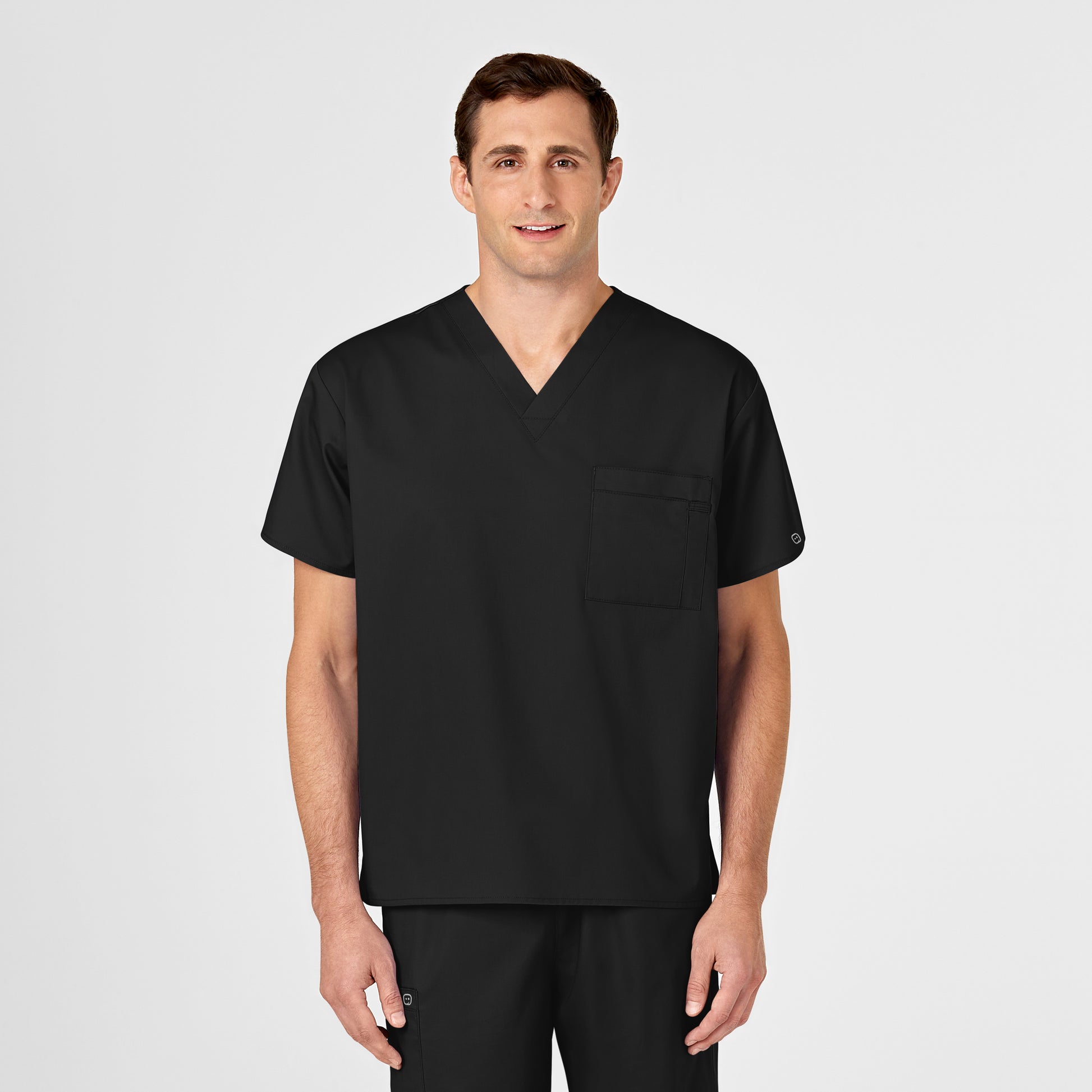 WonderWORK 100 Unisex V-Neck Scrub Top Black Model Image Left Side | Wink