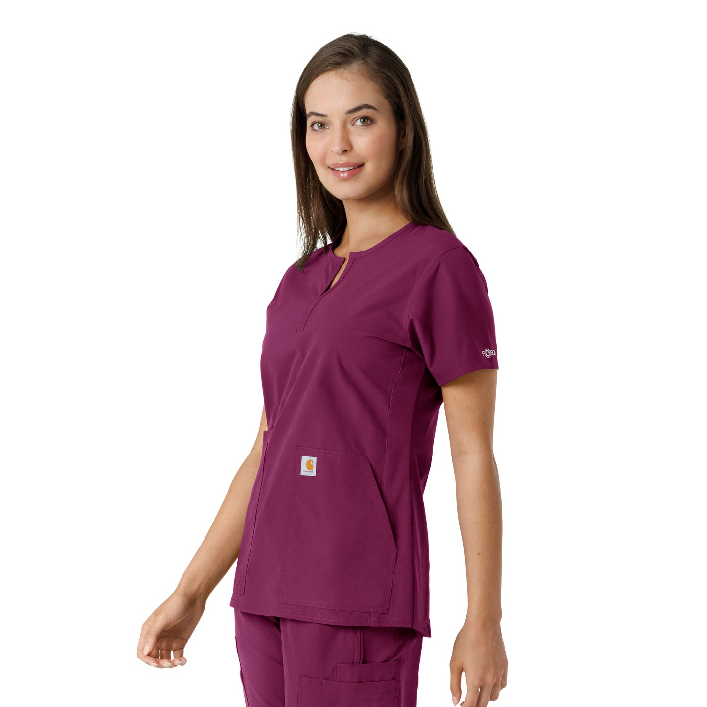 Force Essentials C12413 Notch Neck Tunic Knit Panel Scrub Top Wine Model Image Right Side | Carhartt