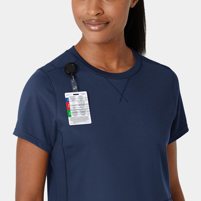 RENEW 6359 Knit Flex-n-Reach Crew Neck Scrub Top Navy Model Image Left Side | Wink