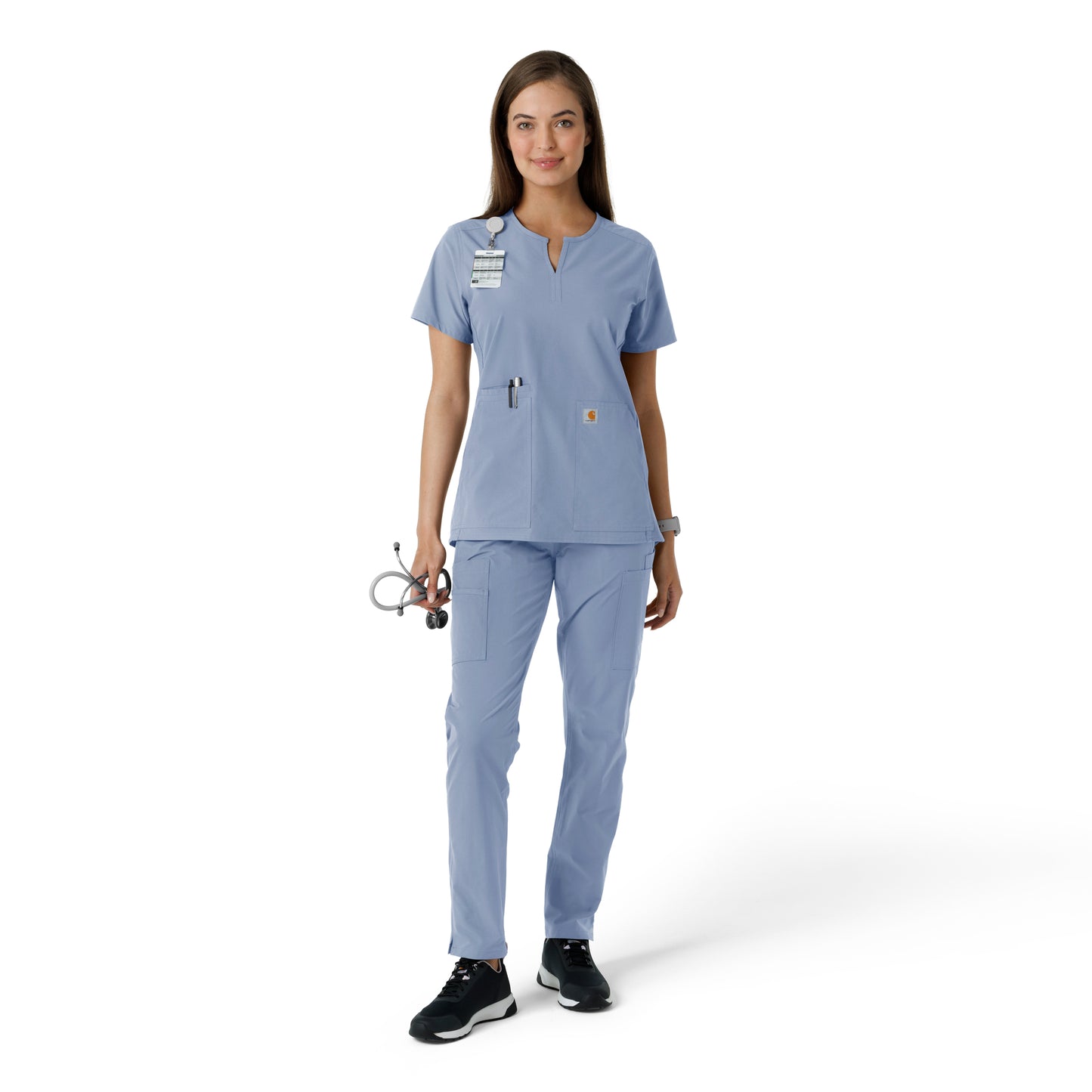 Force Essentials C12413 Notch Neck Tunic Knit Panel Scrub Top Ceil Blue Model Image Right Side | Carhartt