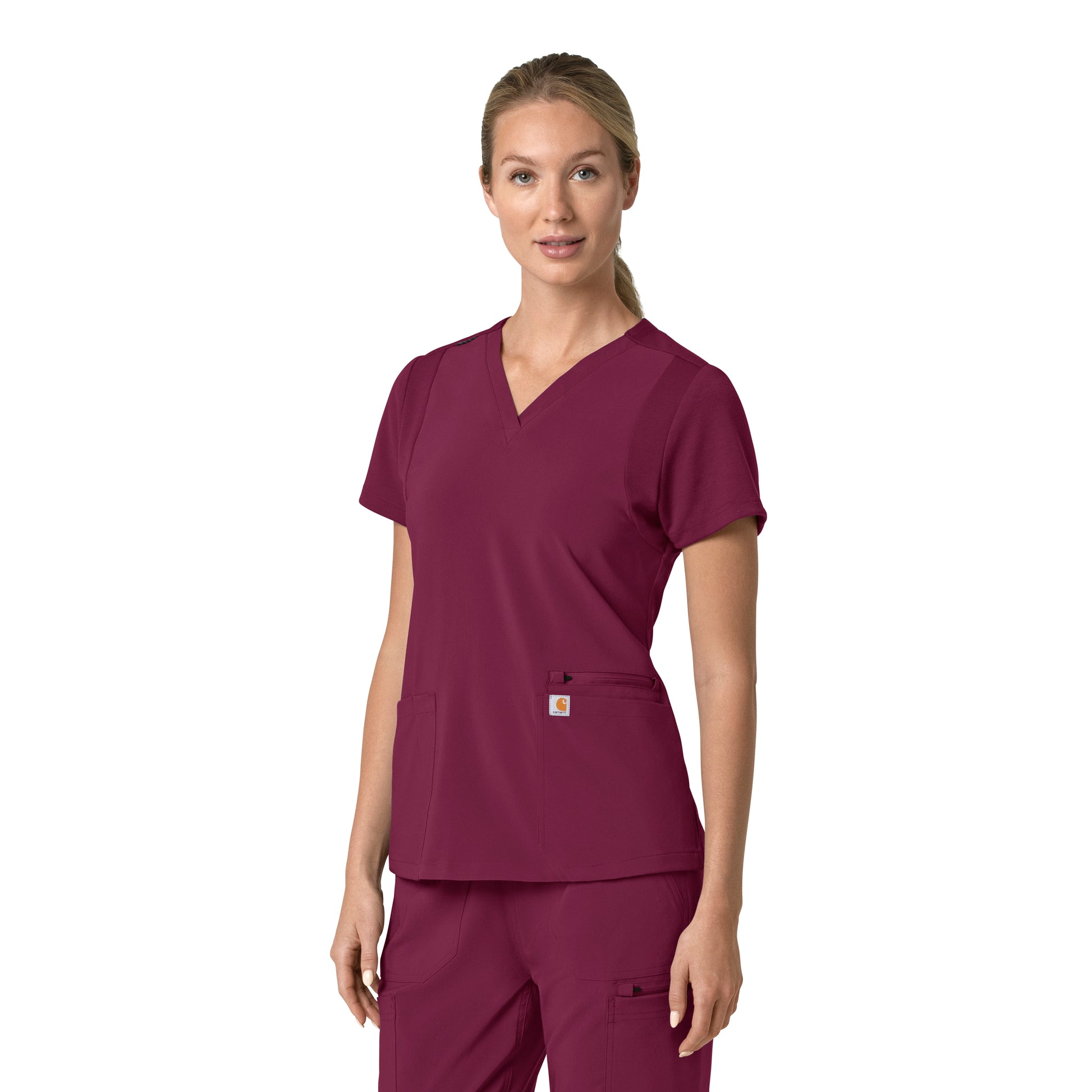 Force Cross-Flex C13210 Flex Panel V-Neck Scrub Top Wine Model Image Right Side | Carhartt