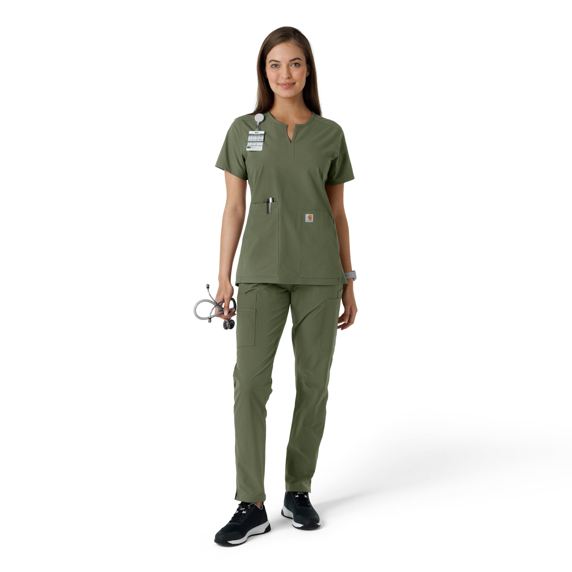 Force Essentials C12413 Notch Neck Tunic Knit Panel Scrub Top Olive Model Image Right Side | Carhartt