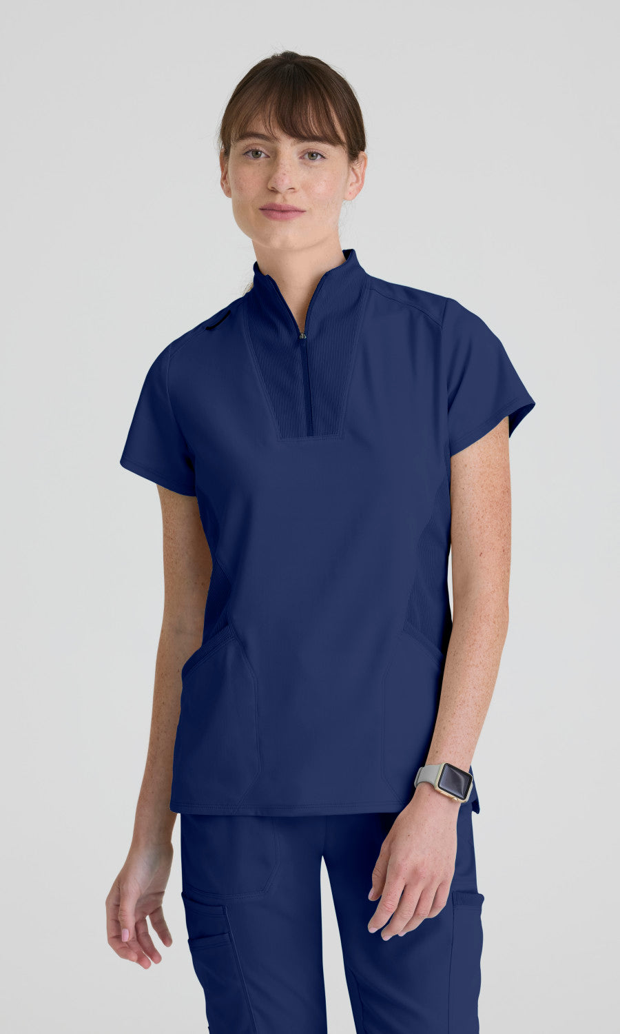 Greys Anatomy Spandex Stretch GRST292 Women's Kristi Top in Indigo by Barco Model Image Front