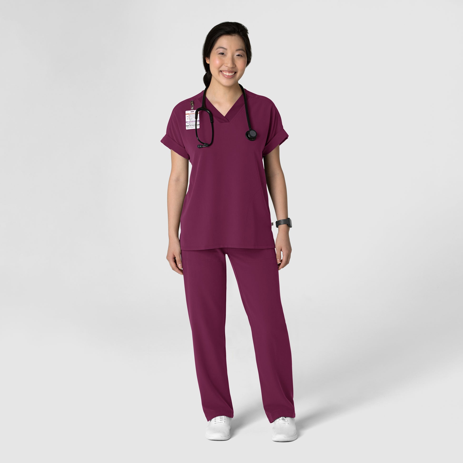 Nova 5232 Stovepipe High-Low Hem Scrub Pant Wine Model Image Right Side | Wink