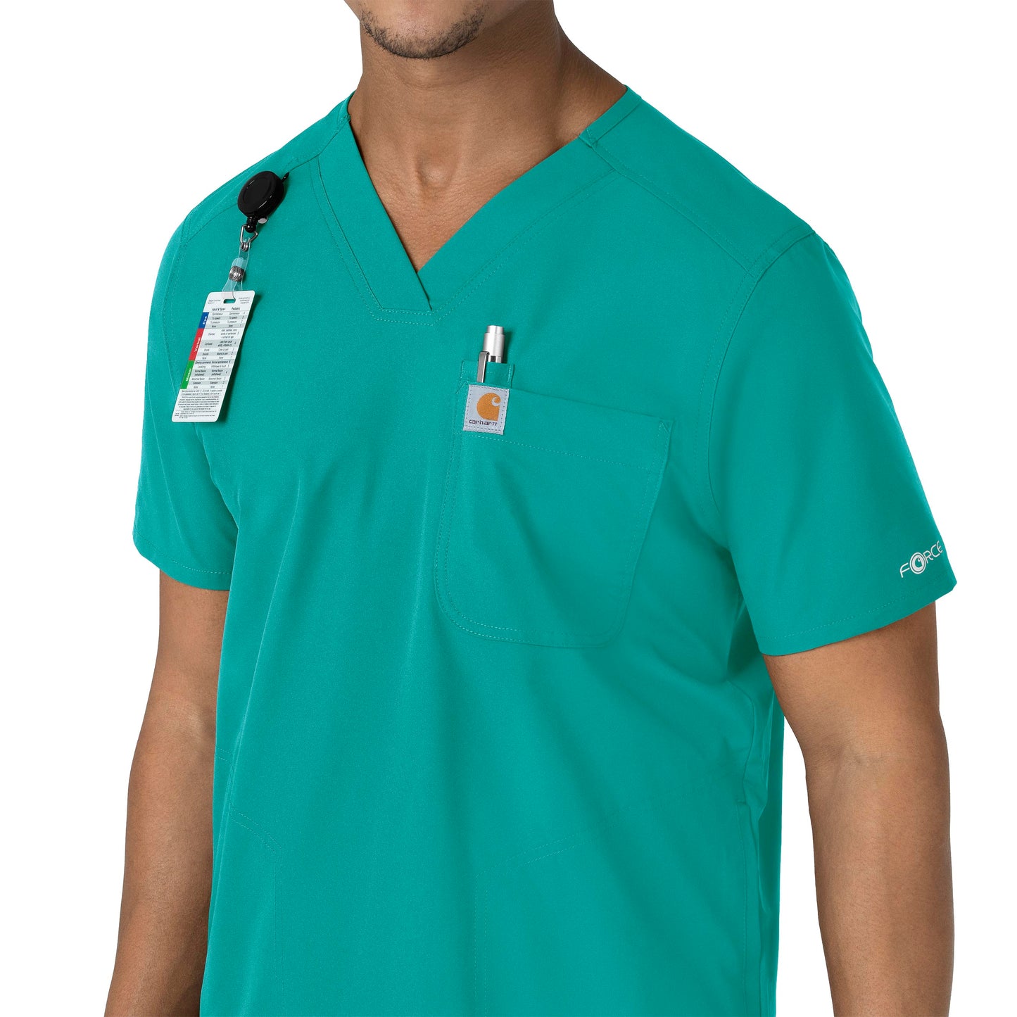 Force Essentials C16113 Men's V-Neck Shirttail Scrub Top Teal Blue Model Image Alternate | Carhartt