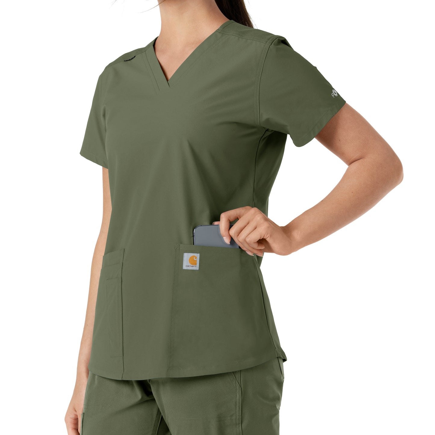 Force Essentials C12313 V-Neck Knit Panel Scrub Top Olive Model Image Alternate | Carhartt