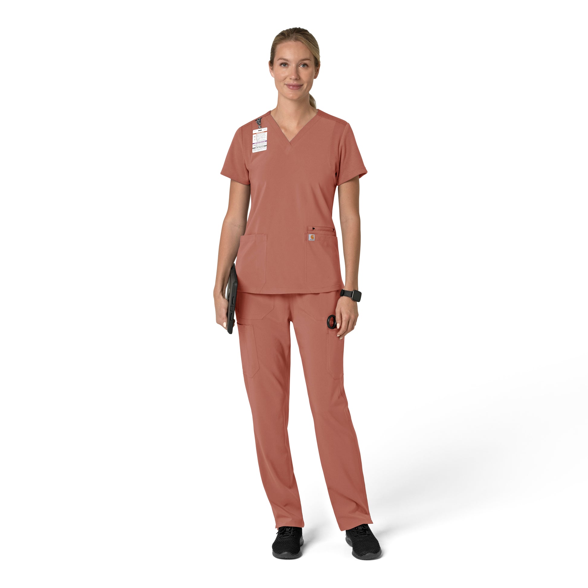 Force Cross-Flex C13210 Flex Panel V-Neck Scrub Top Wildrose Model Image Front | Carhartt