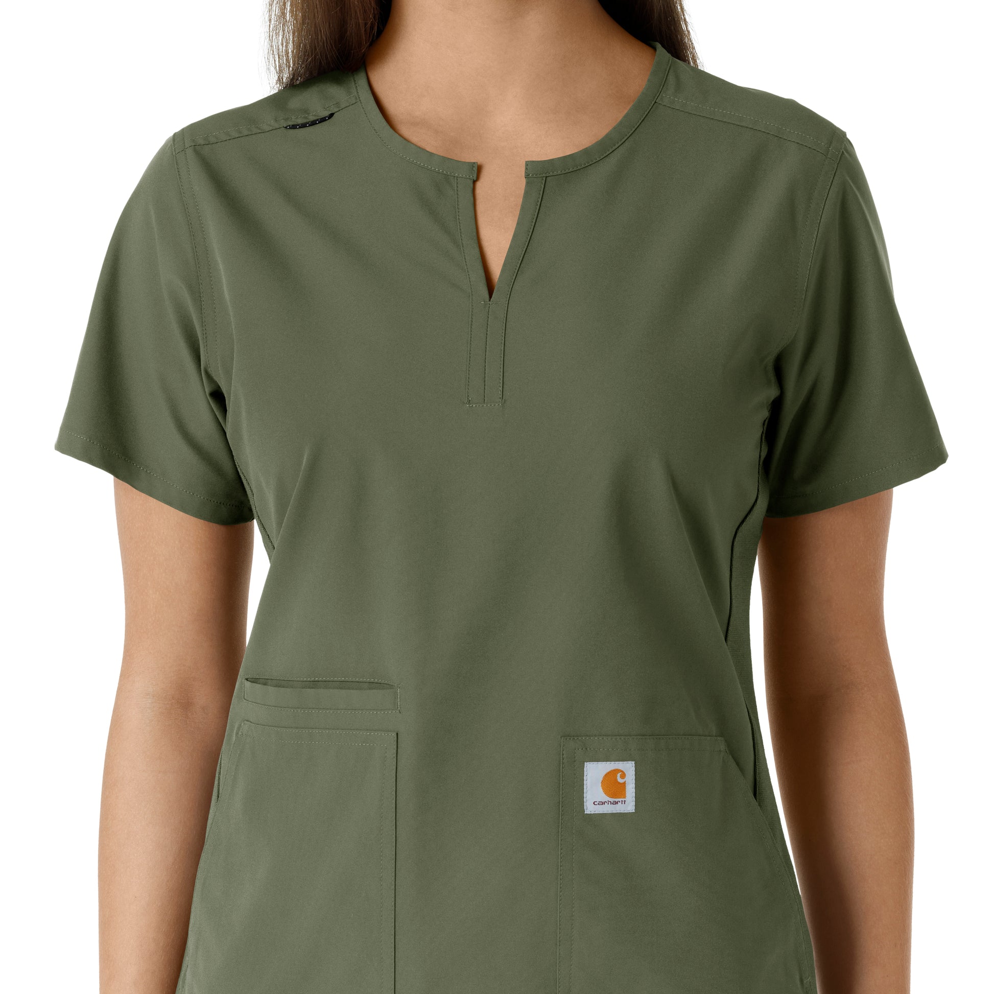 Force Essentials C12413 Notch Neck Tunic Knit Panel Scrub Top Olive Model Image Alternate | Carhartt