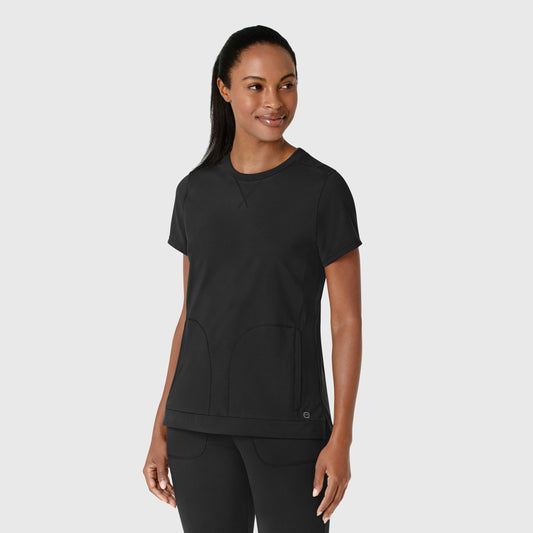 RENEW 6359 Knit Flex-n-Reach Crew Neck Scrub Top Black Model Image Right Side | Wink