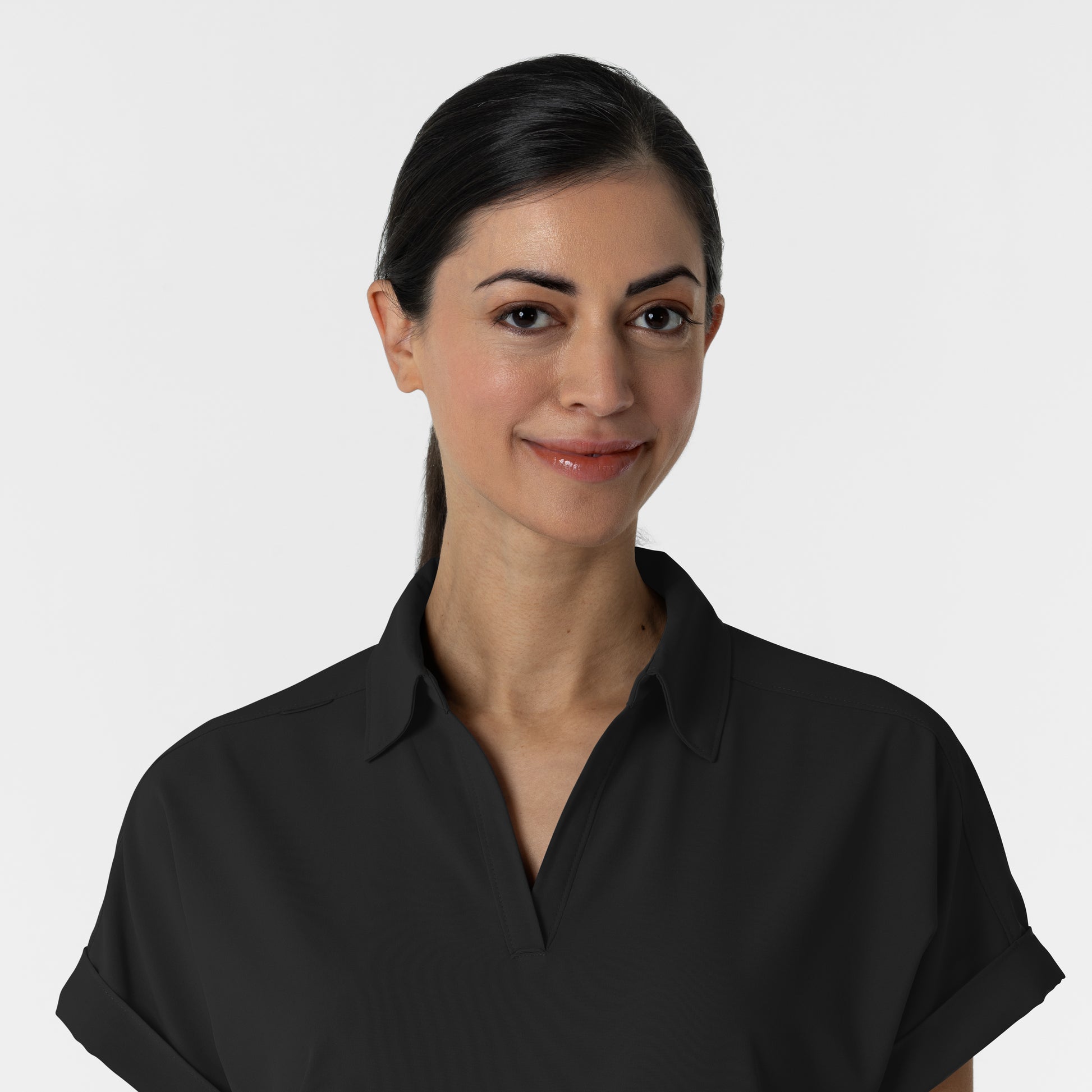 RENEW 6934 Women’s Flex-n-Reach Collared Scrub Top Black Model Image Left Side | Wink