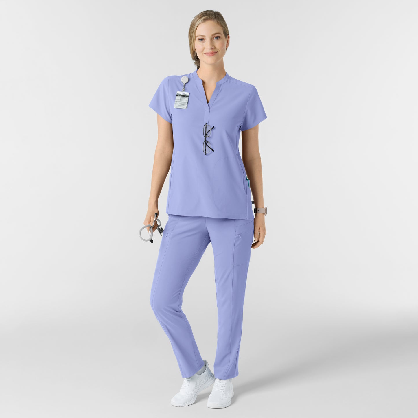 RENEW 6734 Mandarin Collar Scrub Top Ceil Blue Model Image Alternate | Wink