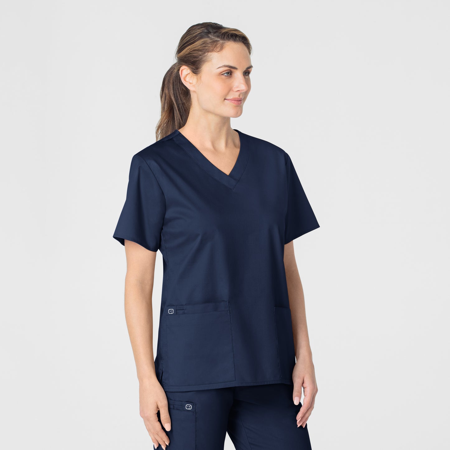 WonderWORK 101 V-Neck Scrub Top Navy Model Image Right Side | Wink