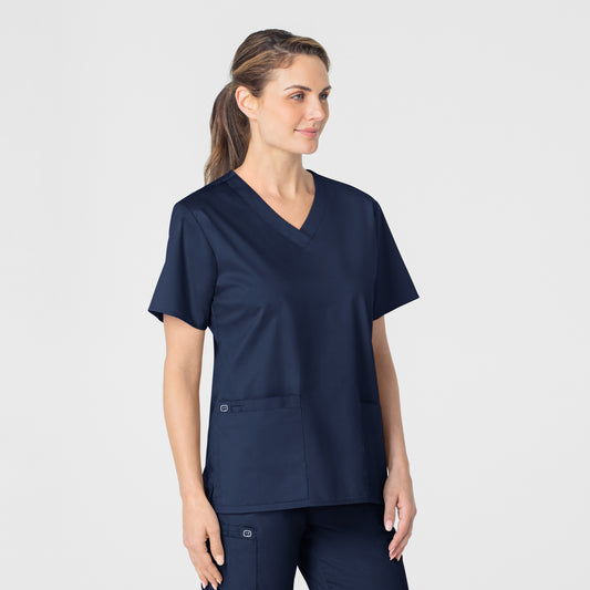 WonderWORK 101 V-Neck Scrub Top Navy Model Image Right Side | Wink