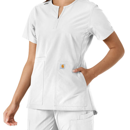 Force Essentials C12413 Notch Neck Tunic Knit Panel Scrub Top White Model Image Alternate | Carhartt