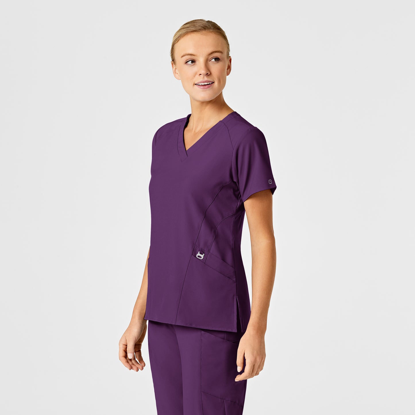 W123 6155 Stylized V-Neck Scrub Top Eggplant Model Image Left Side | Wink