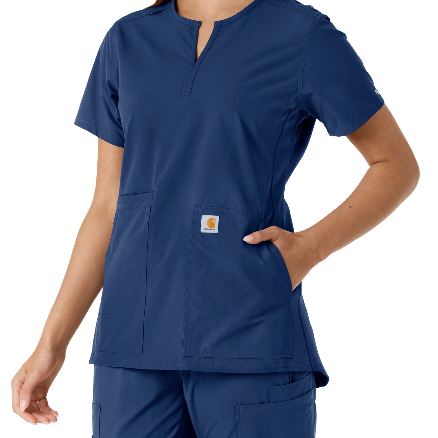 Force Essentials C12413 Notch Neck Tunic Knit Panel Scrub Top Navy Model Image Alternate | Carhartt