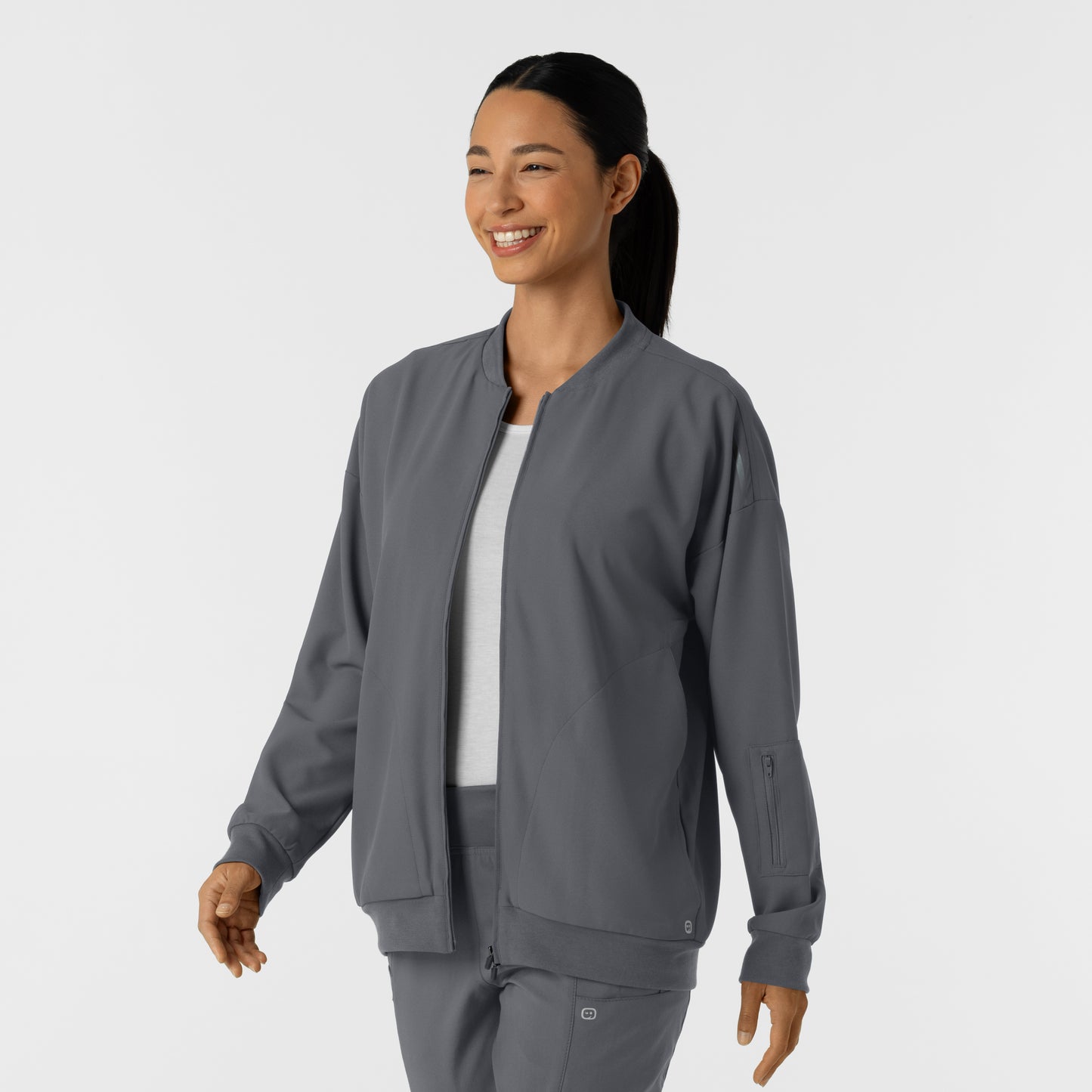 Layers 8066 Bomber Scrub Jacket Pewter Model Image Right Side | Wink