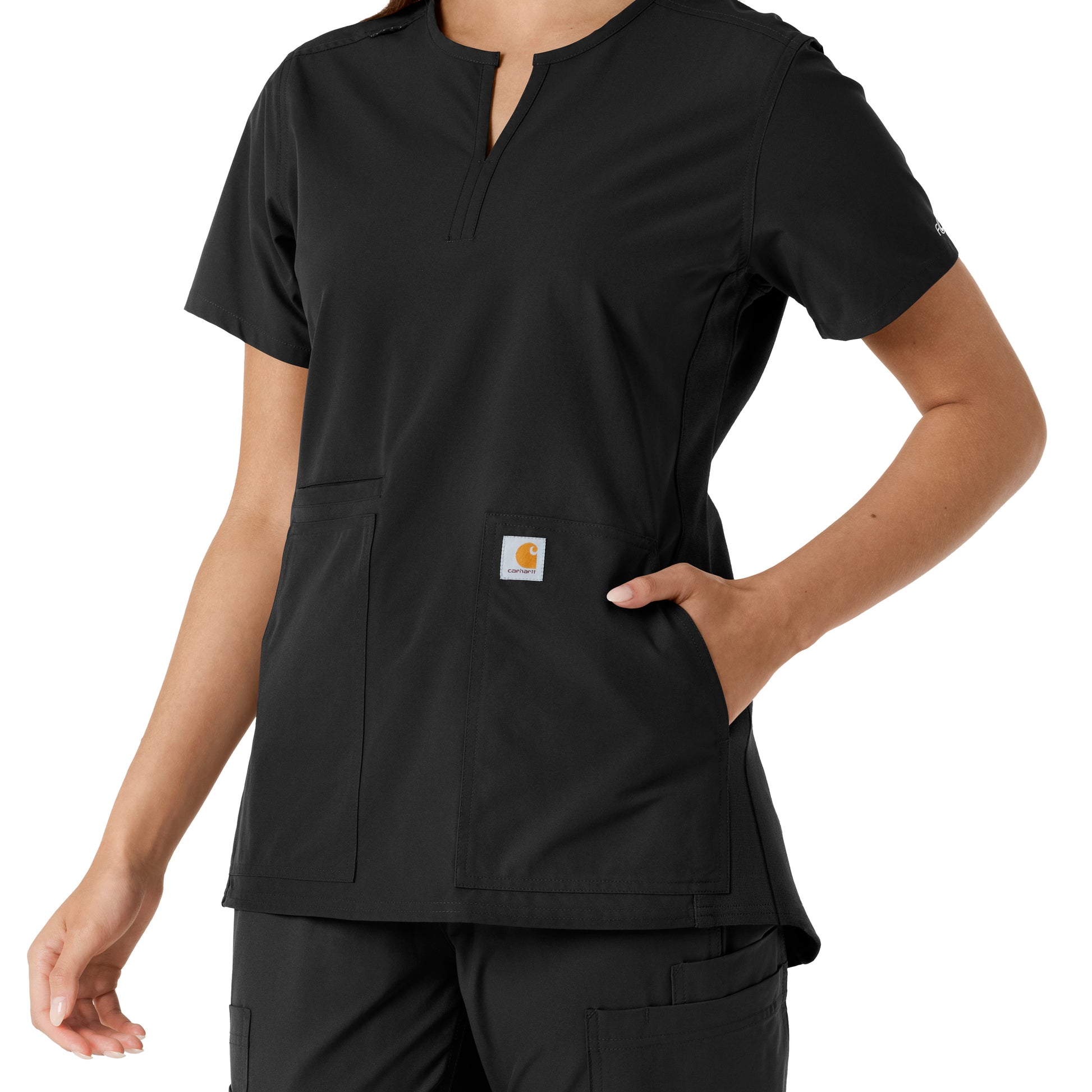 Force Essentials C12413 Notch Neck Tunic Knit Panel Scrub Top Black Model Image Alternate | Carhartt