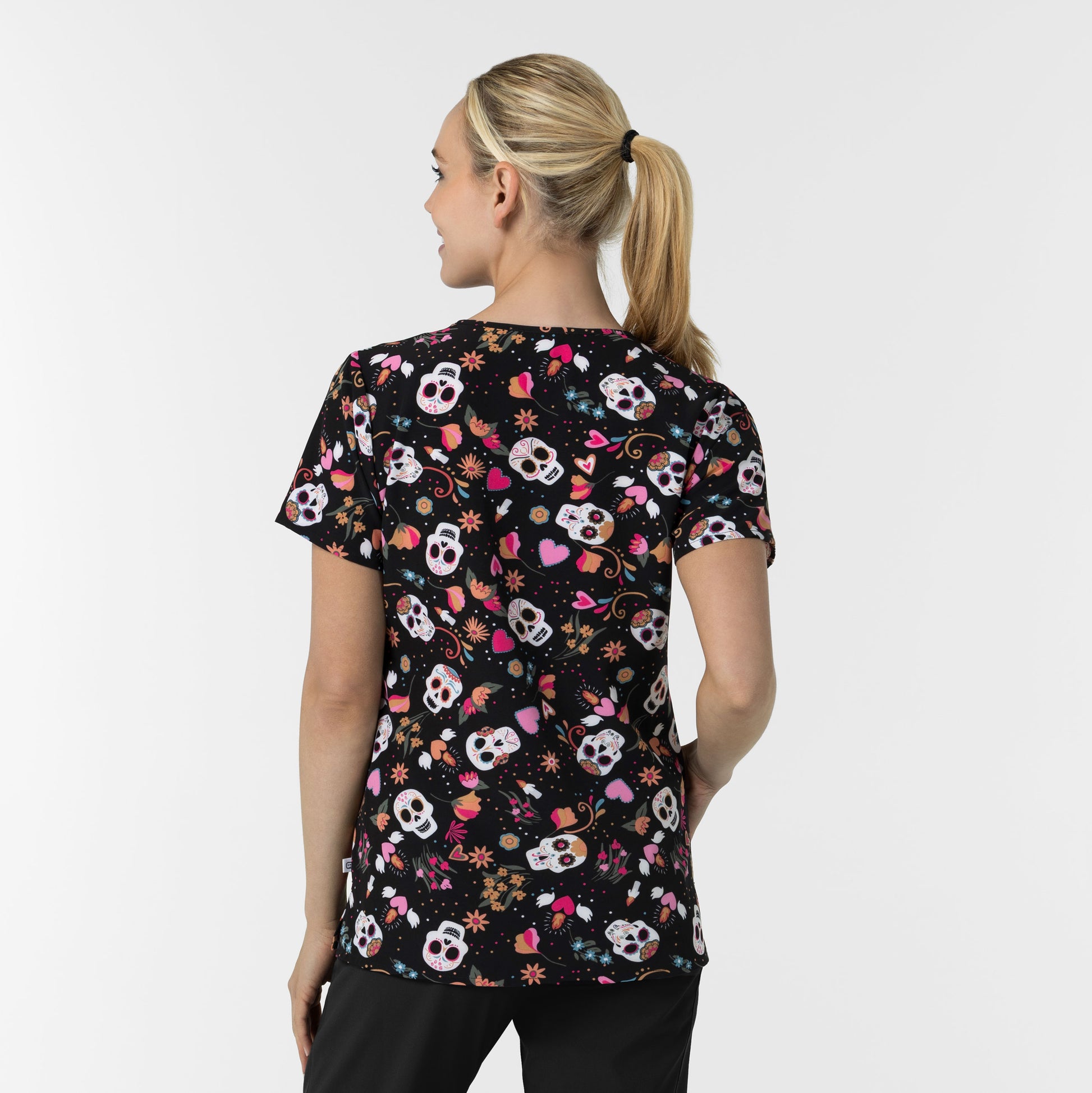 Fashion Prints 6147 Women's V-Neck Print Scrub Top Sugar Skull Fiesta