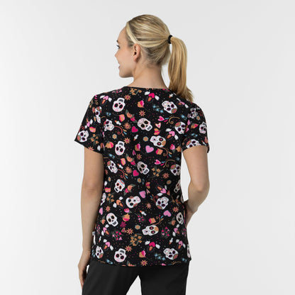 Fashion Prints 6147 Women's V-Neck Print Scrub Top Sugar Skull Fiesta