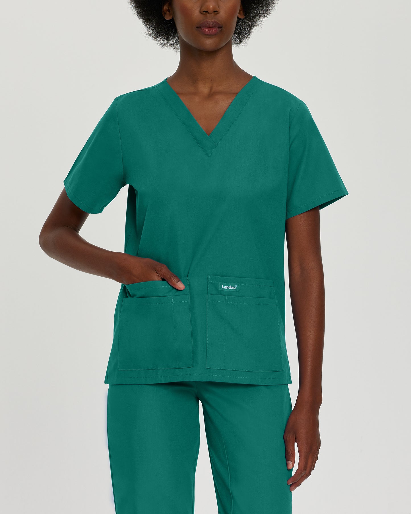 Essentials 8219 Women's 4 Pocket V Neck Scrub Top Hunter Green Image