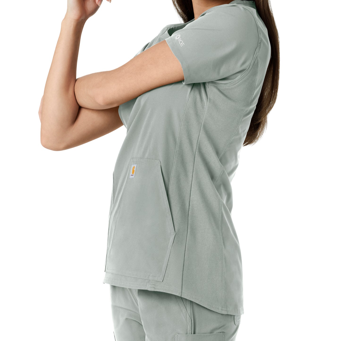 Force Essentials C12413 Notch Neck Tunic Knit Panel Scrub Top Grey Model Image Alternate | Carhartt