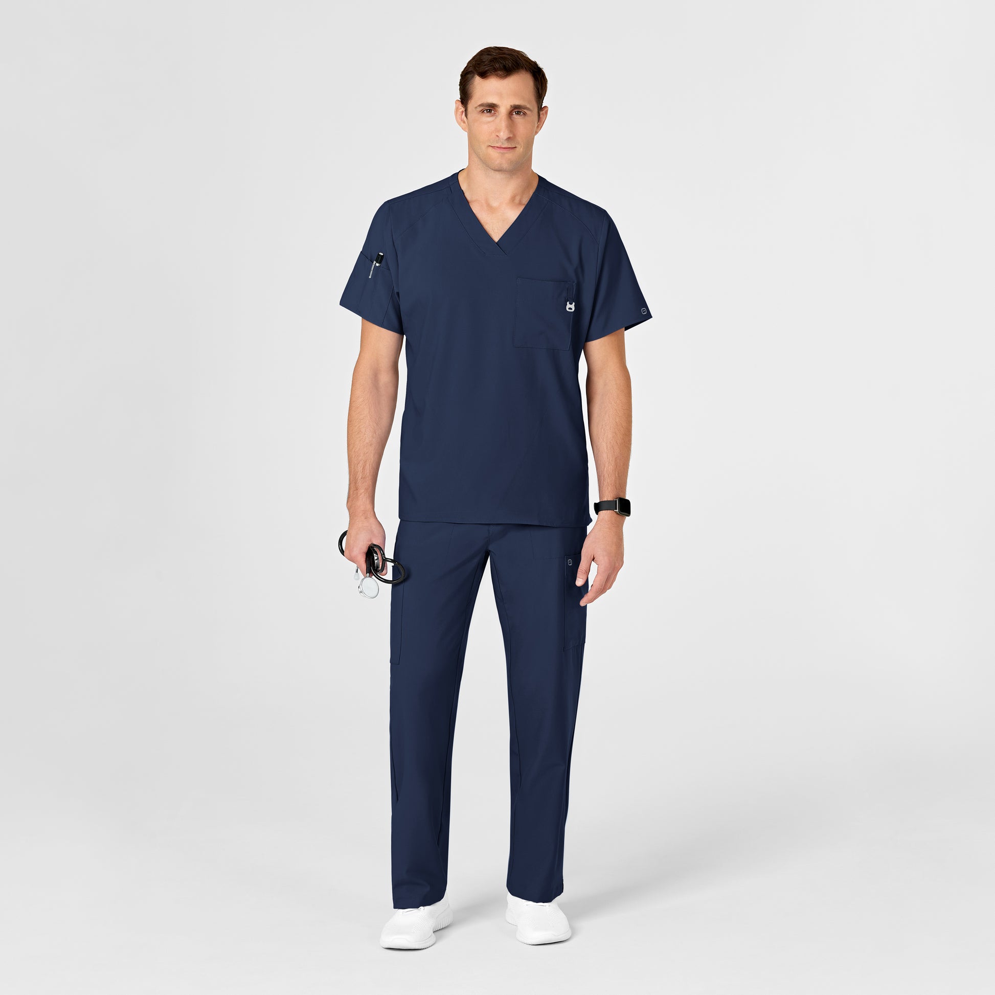 W123 6355 Men's V-Neck Scrub Top Navy Model Image Right Side | Wink