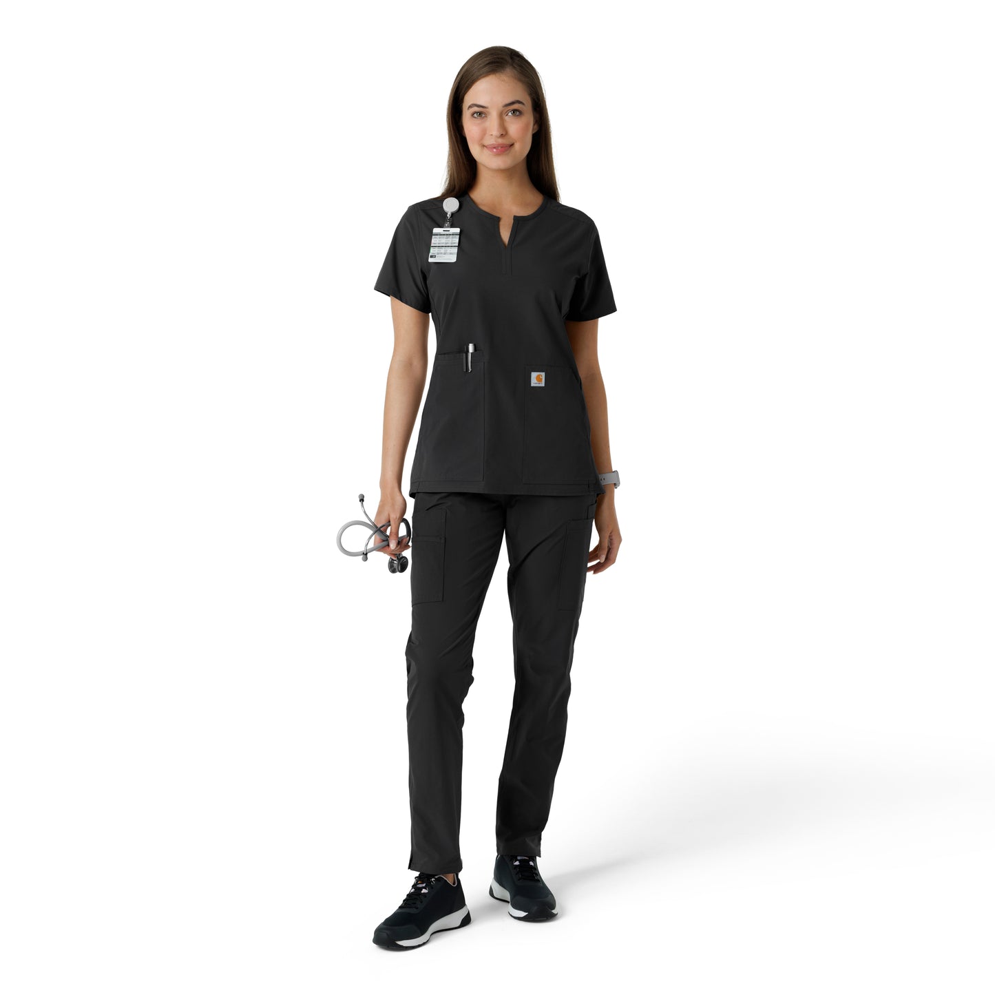 Force Essentials C12413 Notch Neck Tunic Knit Panel Scrub Top Black Model Image Front | Carhartt