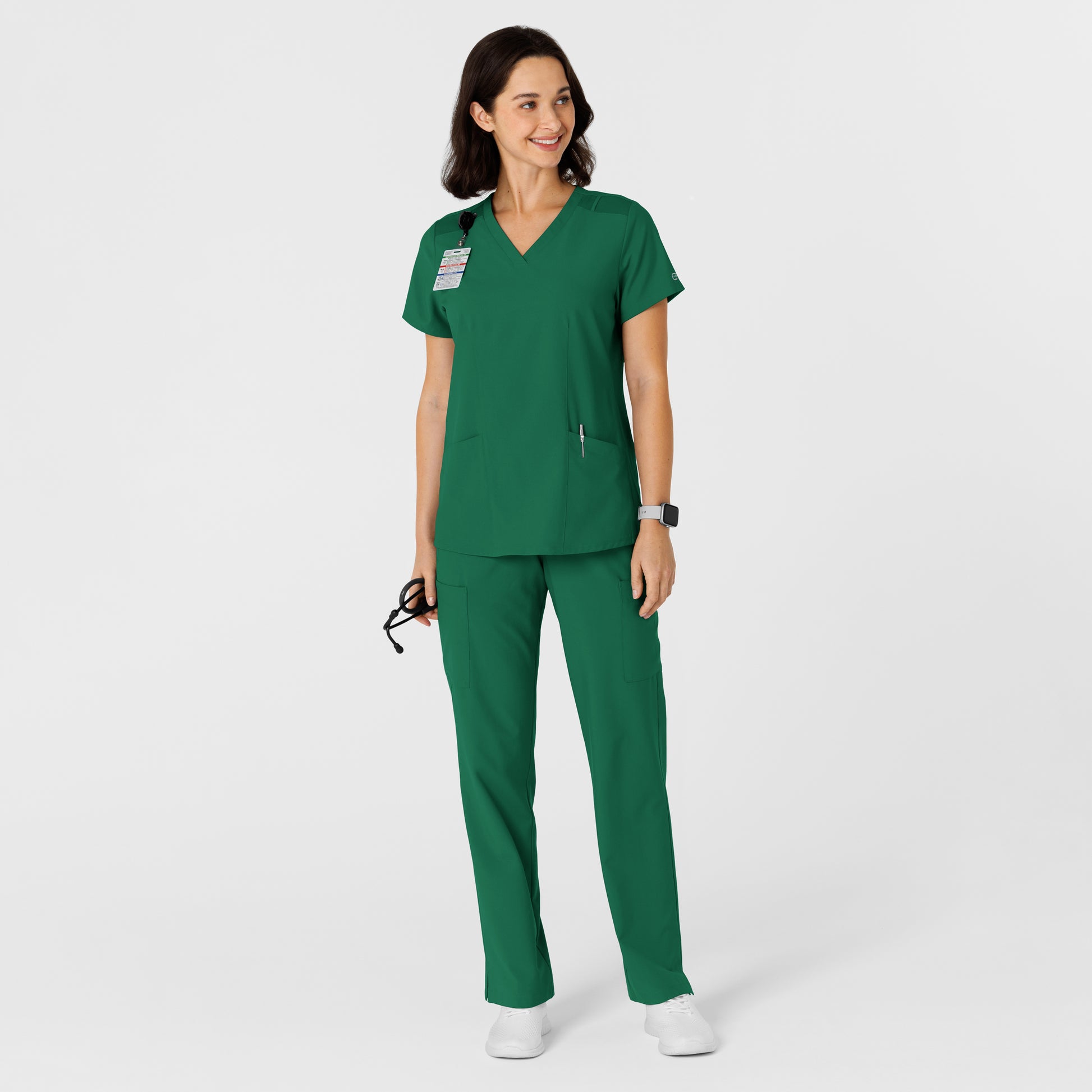 W123 6145 Flex-n-Reach Side Panel V-Neck Scrub Top Hunter Model Image Alternate | Wink