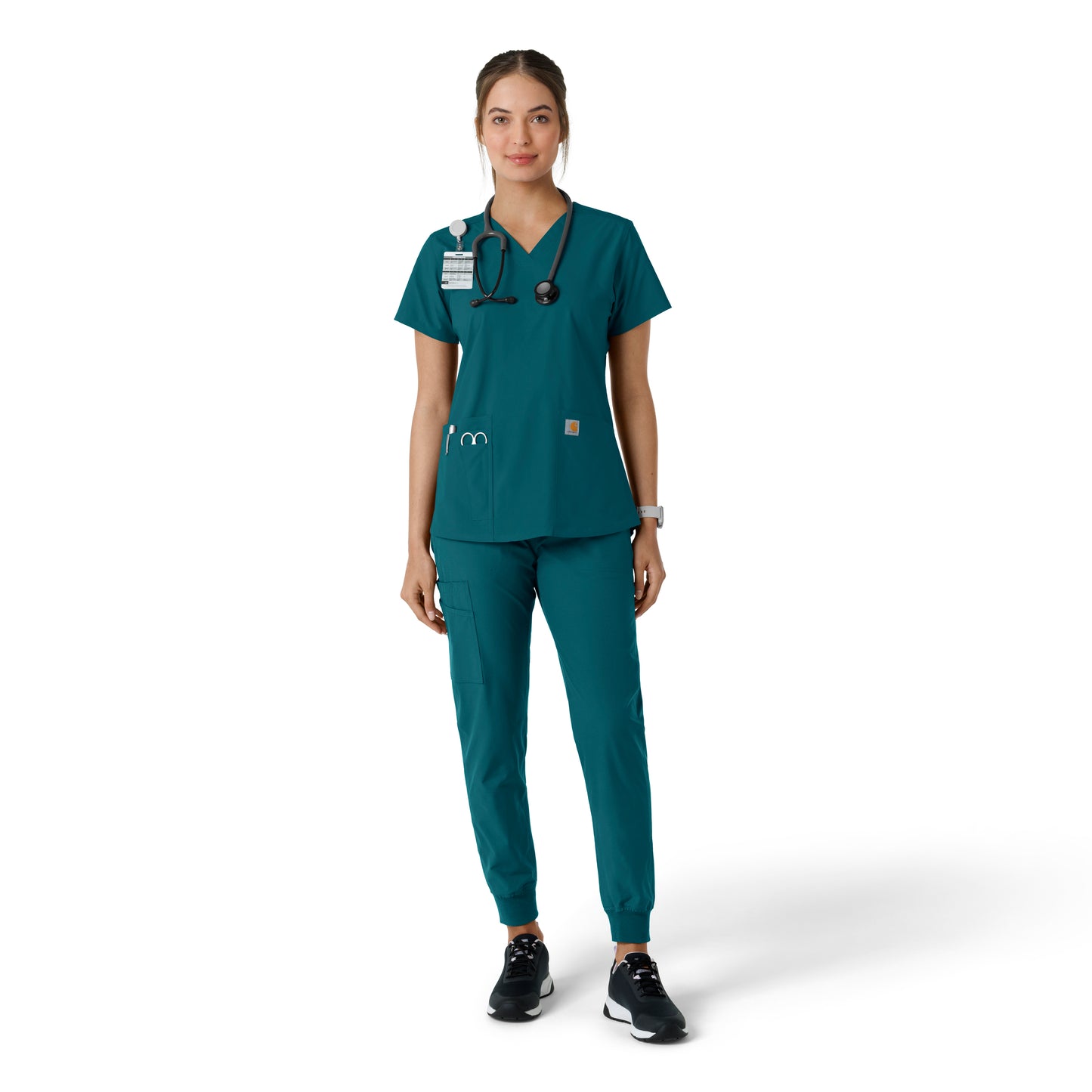 Force Essentials C12313 V-Neck Knit Panel Scrub Top Caribbean Model Image Front | Carhartt