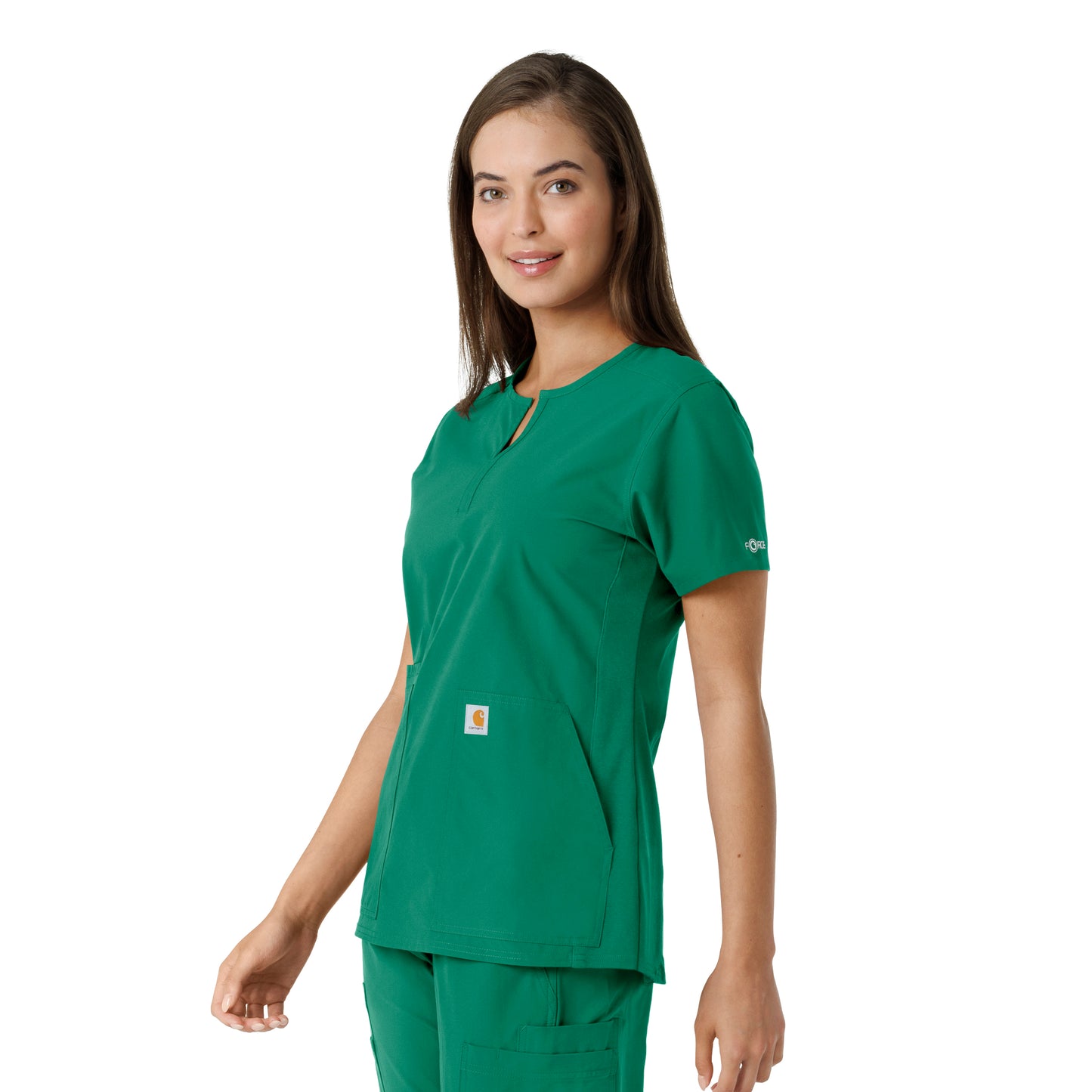 Force Essentials C12413 Notch Neck Tunic Knit Panel Scrub Top Hunter Model Image Left Side | Carhartt