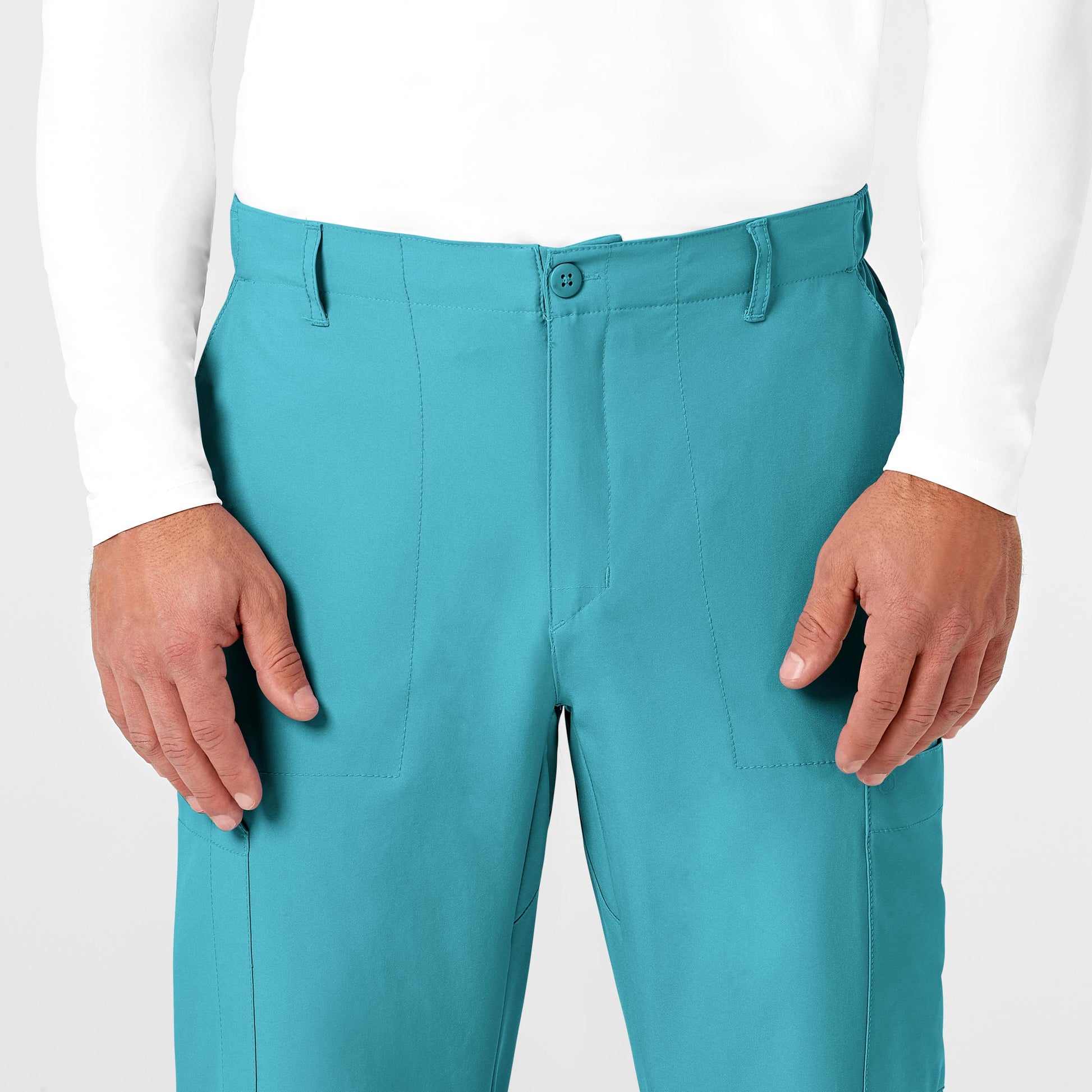 W123 5355 Men's Flat Front Cargo Scrub Pants Teal Blue Model Image Left Side | Wink