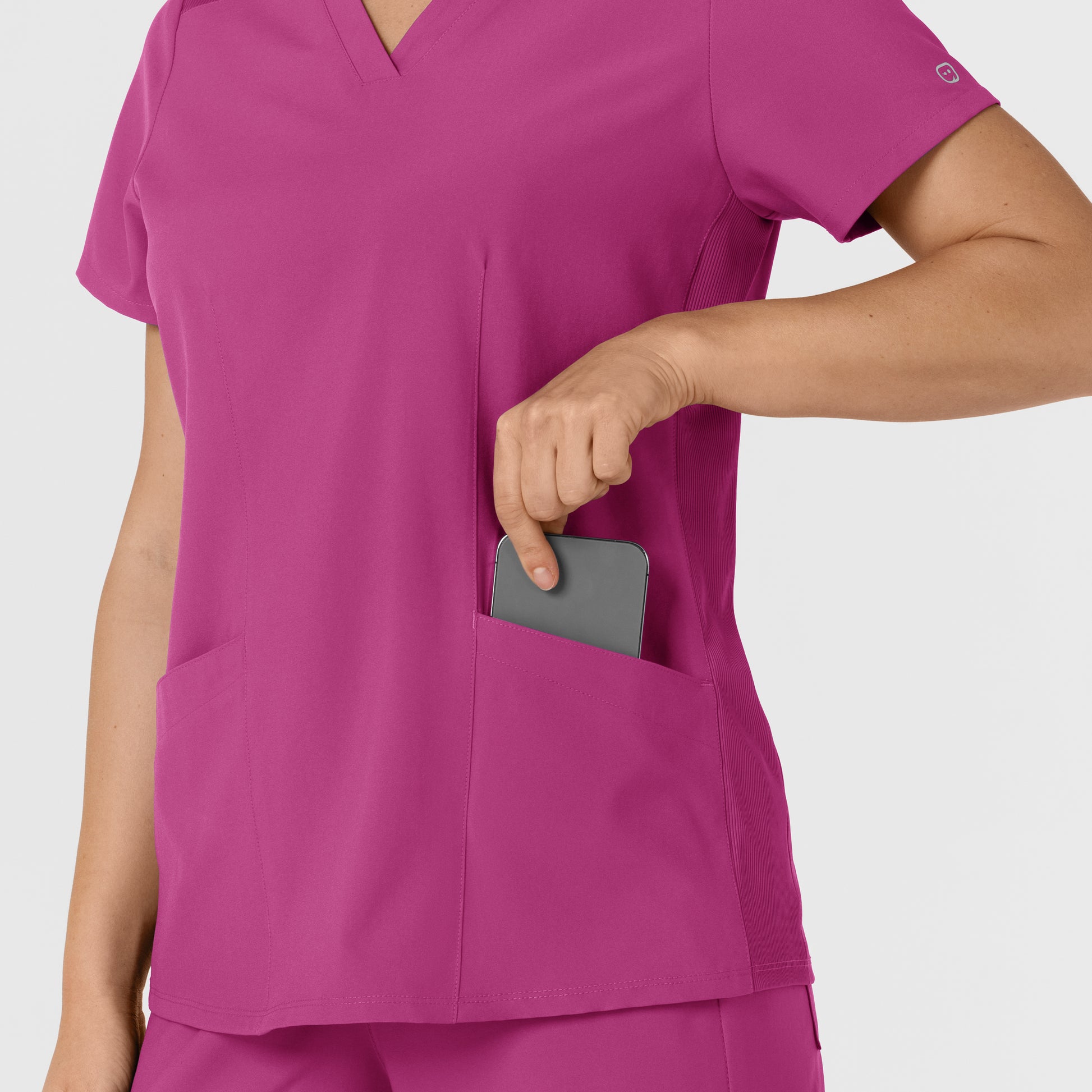 W123 6145 Flex-n-Reach Side Panel V-Neck Scrub Top Raspberry Model Image Alternate | Wink