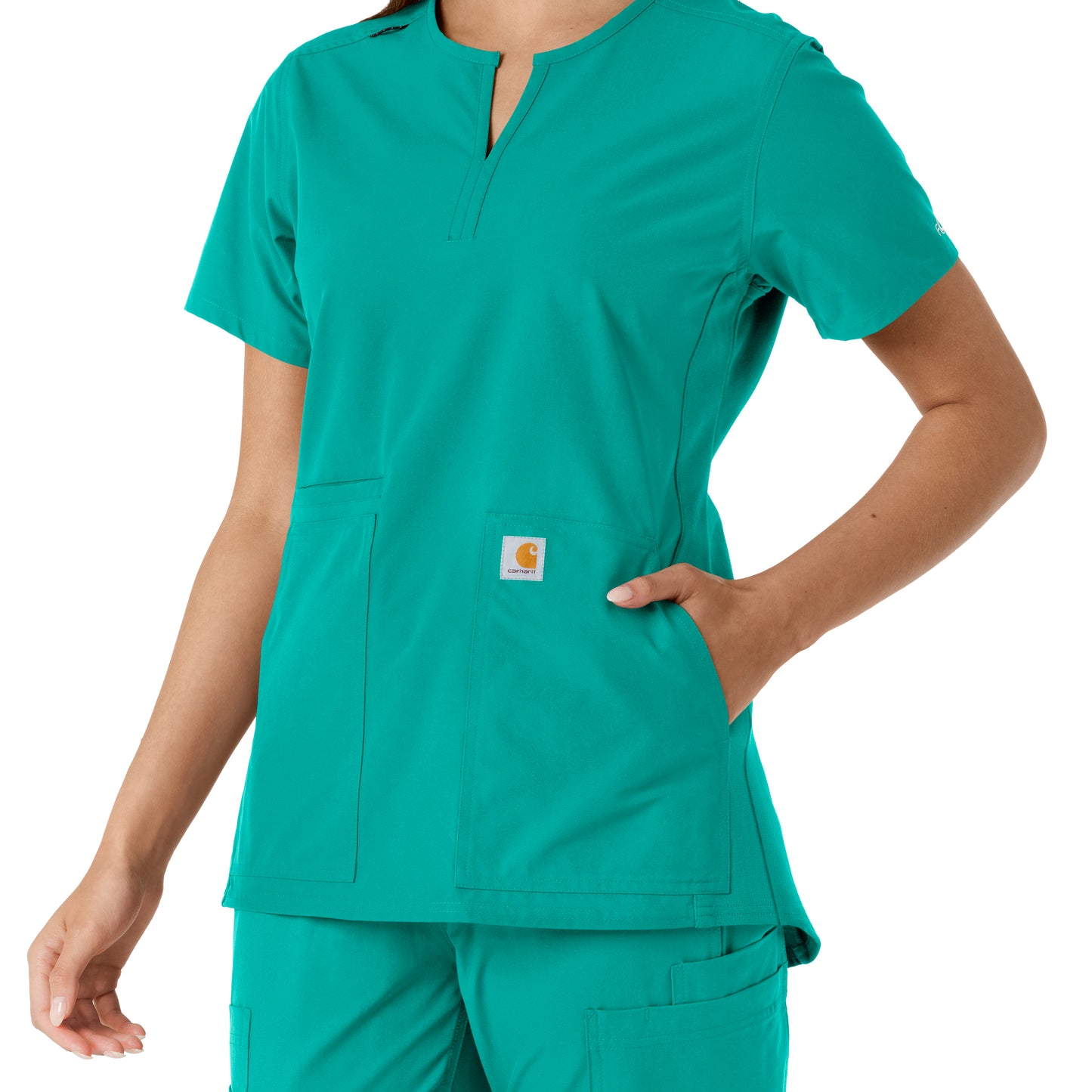 Force Essentials C12413 Notch Neck Tunic Knit Panel Scrub Top Teal Model Image Alternate | Carhartt