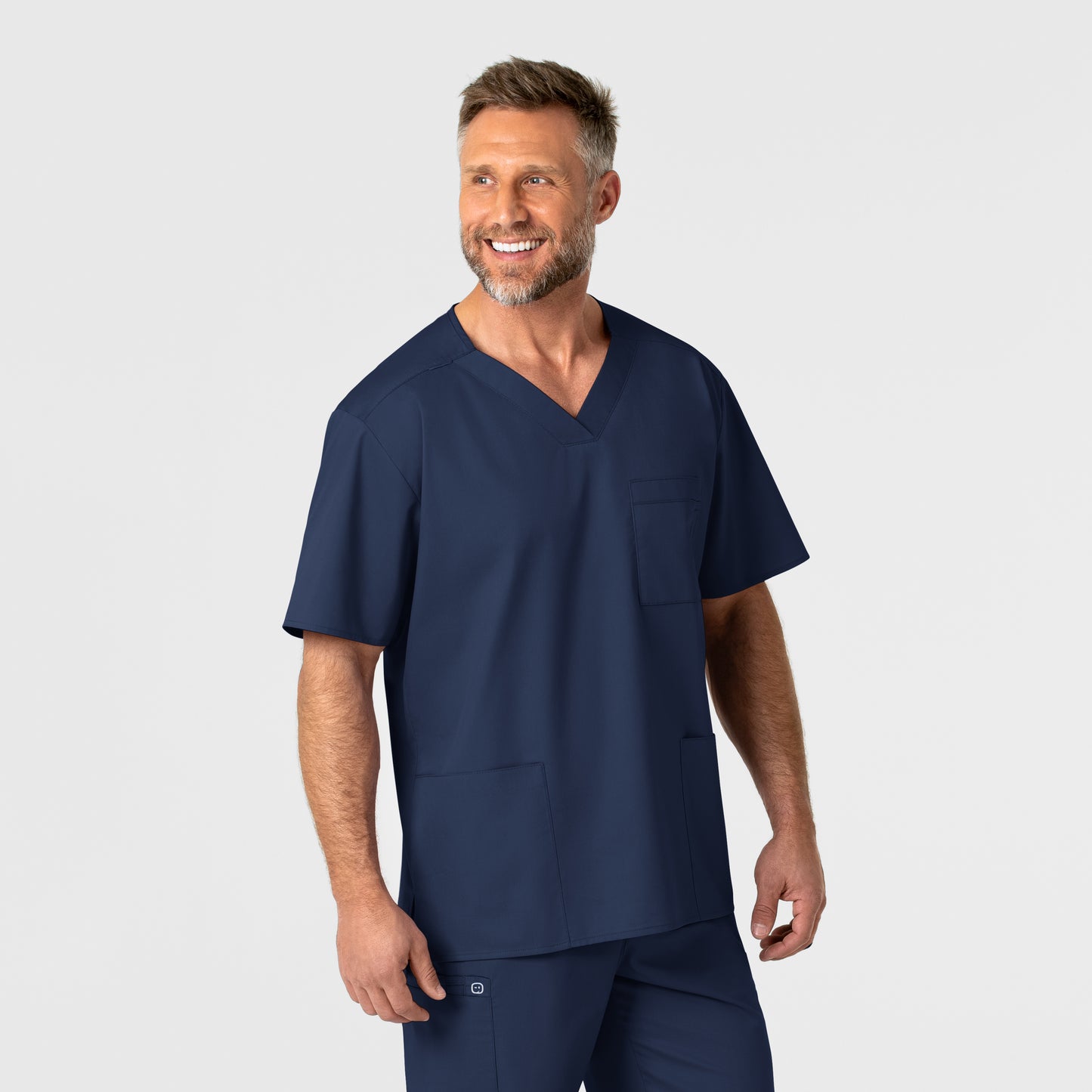 WonderWORK 103 Men's V-Neck Scrub Top Navy Model Image Left Side | Wink